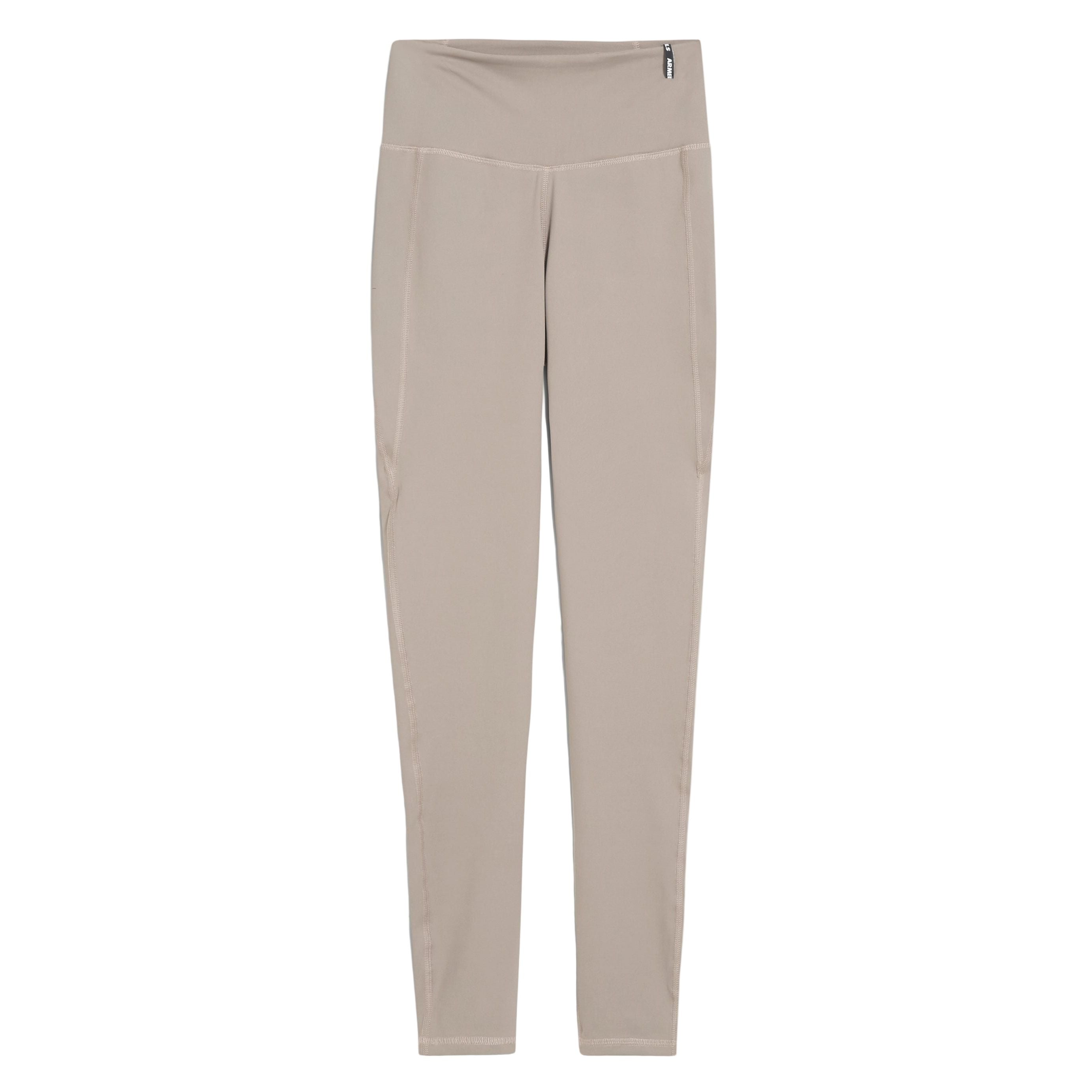 Beigefarbene, schmal geschnittene Hose mit hoher Taille und seitlicher Reißverschlusstasche, flach auf weißem Hintergrund.