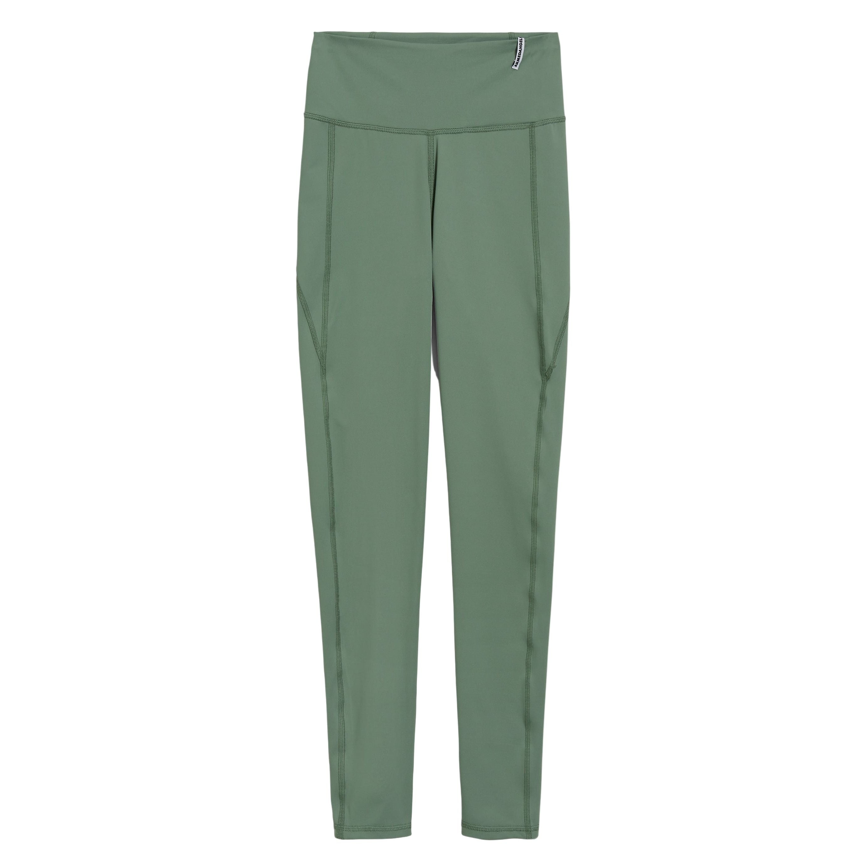 Olivgrüne, sportliche Leggings mit hoher Taille und sichtbaren Nähten, flach auf weißem Grund.