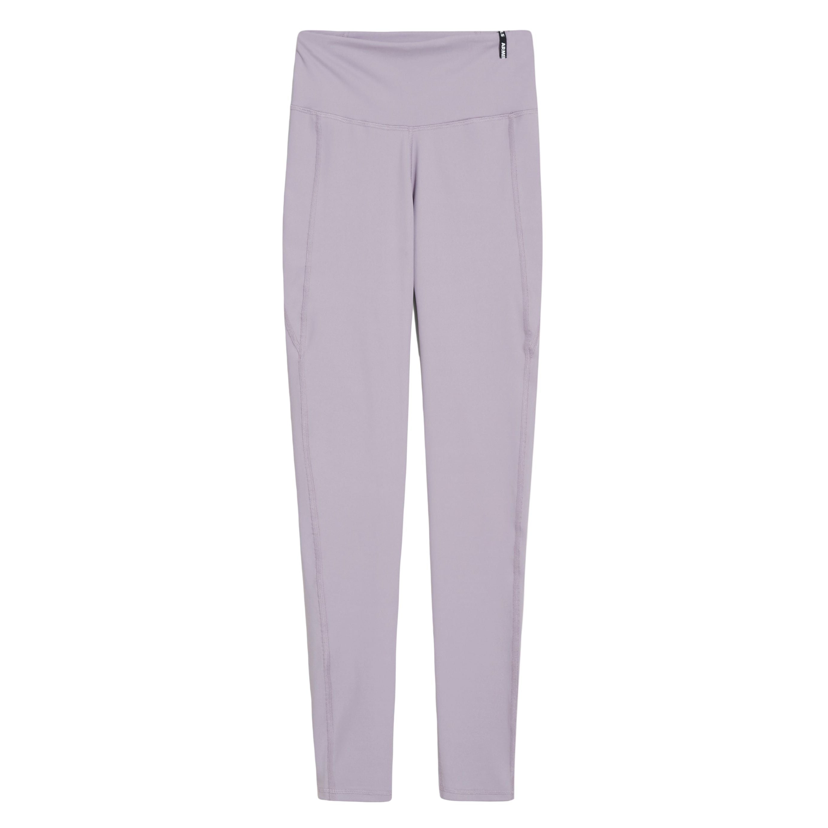 Hellviolette Leggings mit hoher Taille und einer kleinen Reißverschlusstasche am Bund, flach auf weißem Grund abgebildet.