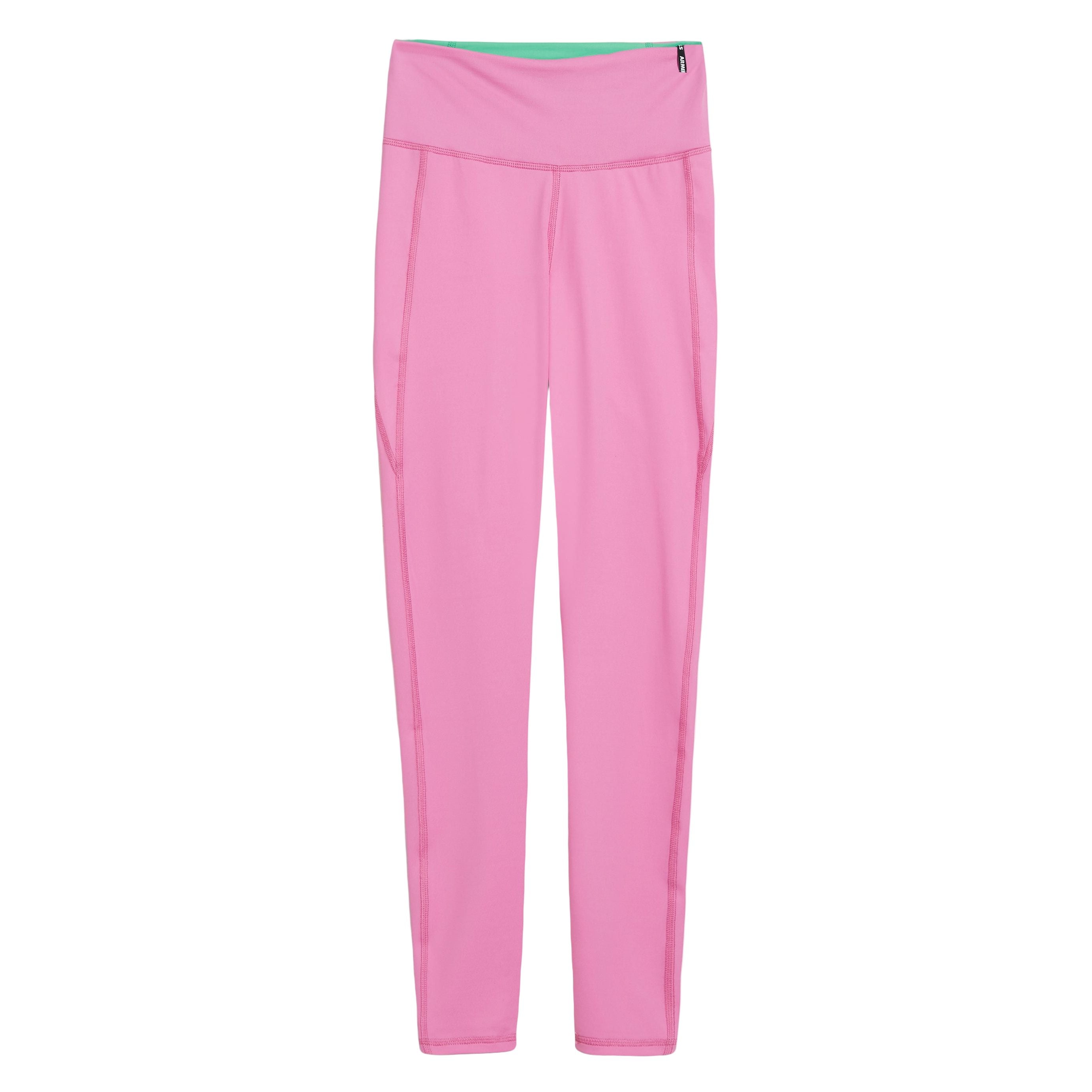 Rosa Sportleggings mit hohem Bund und sichtbaren Nahtdetails, flach auf weißem Hintergrund. Der innere Bund hat einen Hauch von hellblauem Stoff.