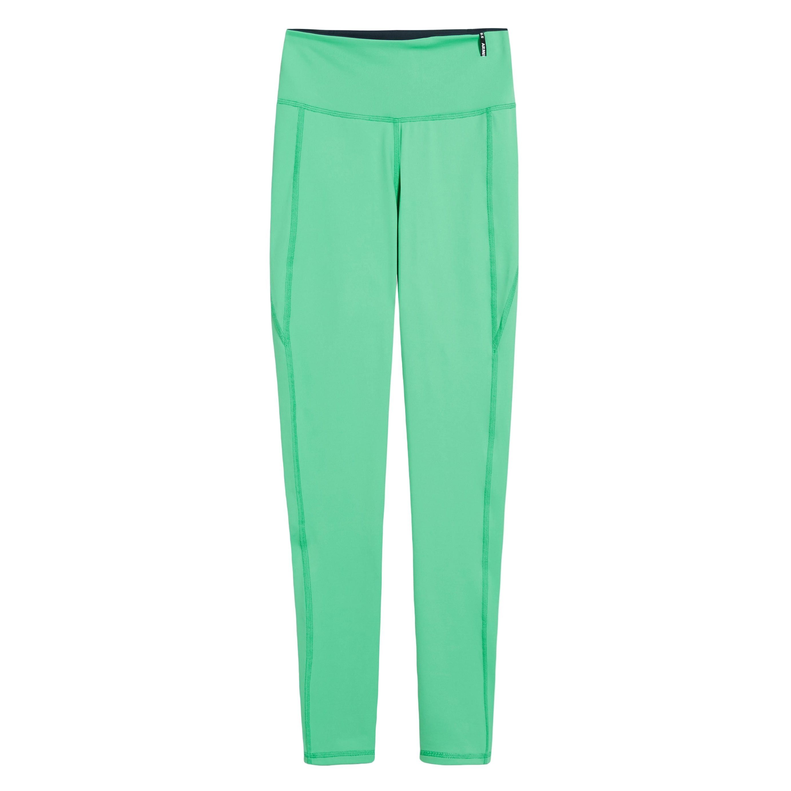 Leuchtend grüne, sportliche Leggings mit hohem Bund und sichtbaren Nähten auf weißem Grund.
