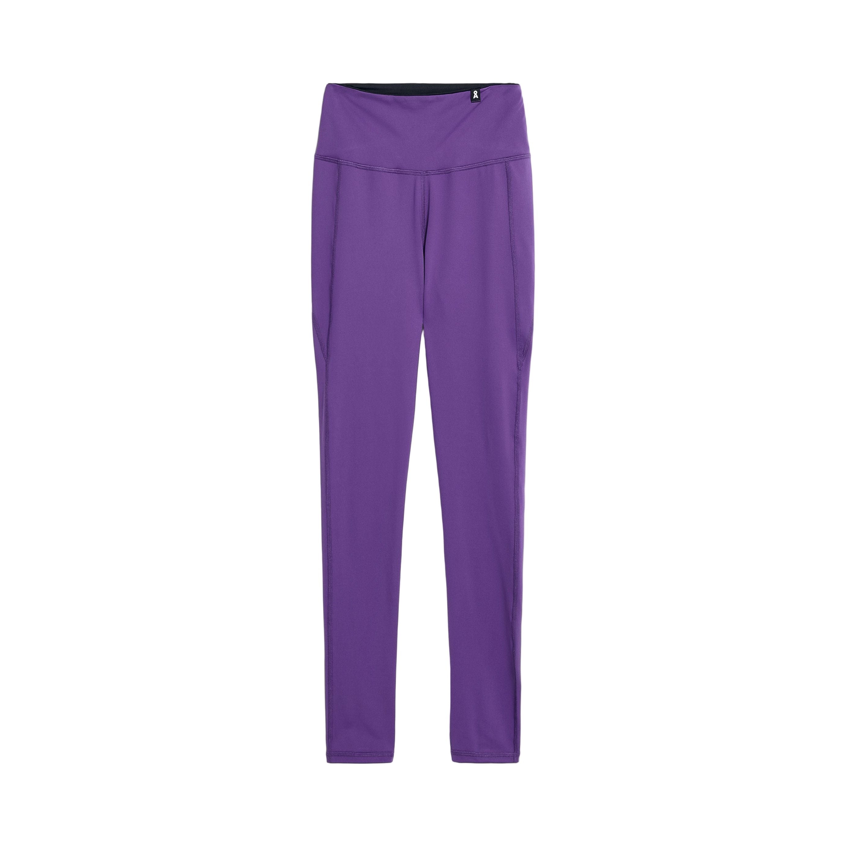 Ein Paar lila Leggings mit hoher Taille und voller Länge ist auf weißem Hintergrund abgebildet.