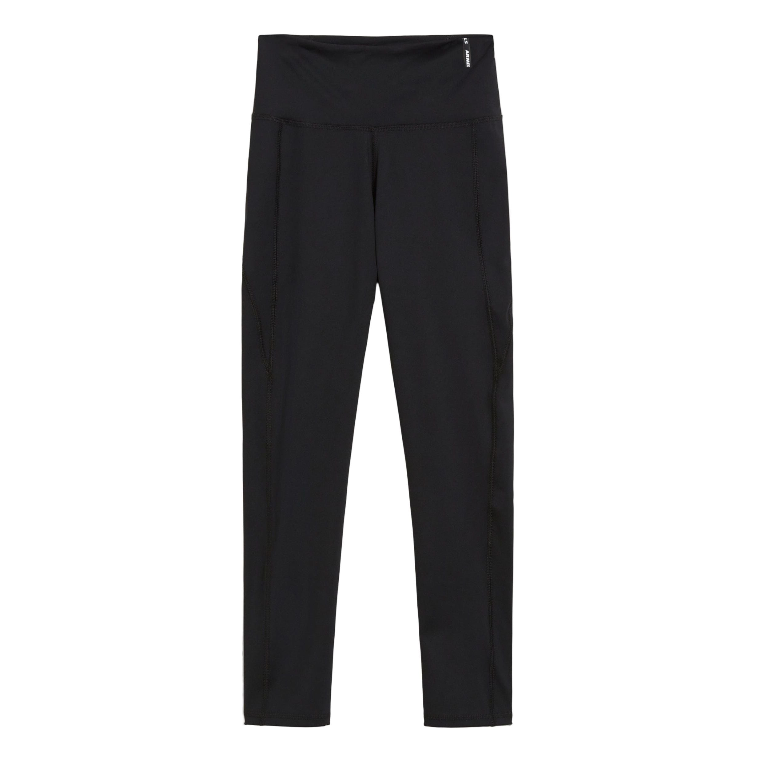 Ein Paar schwarzer Leggings mit hoher Taille und tailliertem, bodenlangem Design, flach auf weißem Grund.