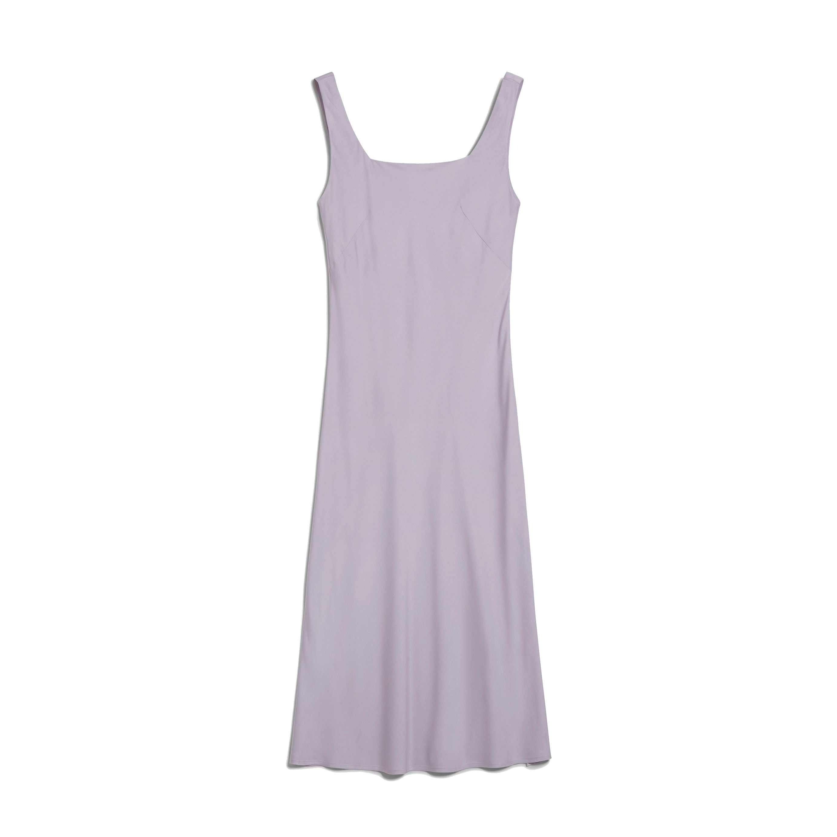 Fliederfarbenes Kleid mit Spaghettiträgern und schlichtem Design, auf weißem Hintergrund.