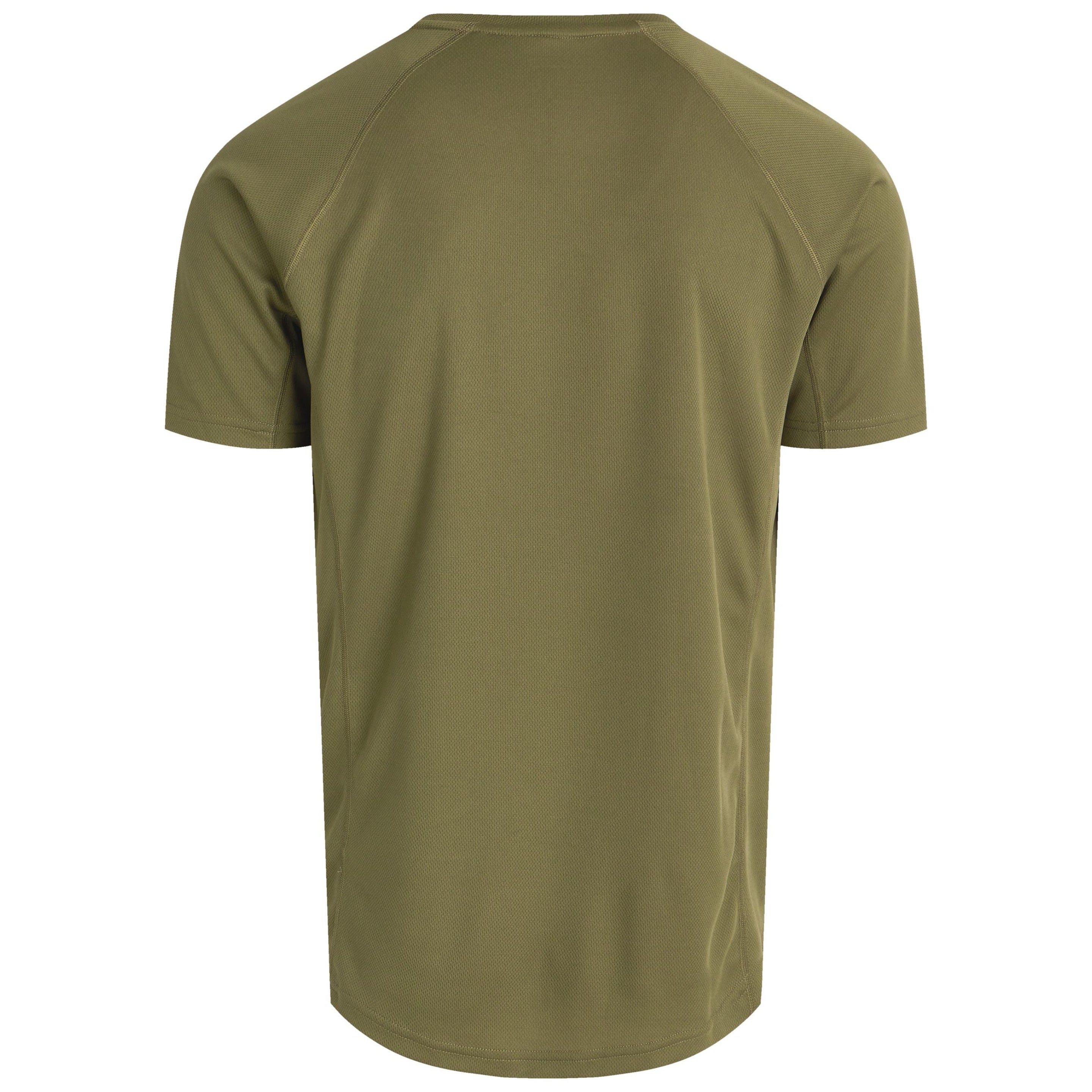 Ein schlichtes, olivgrünes, kurzärmeliges T-Shirt, von hinten gesehen, auf weißem Hintergrund. Das Shirt hat ein einfaches, glattes Design ohne sichtbare Logos oder Grafiken.