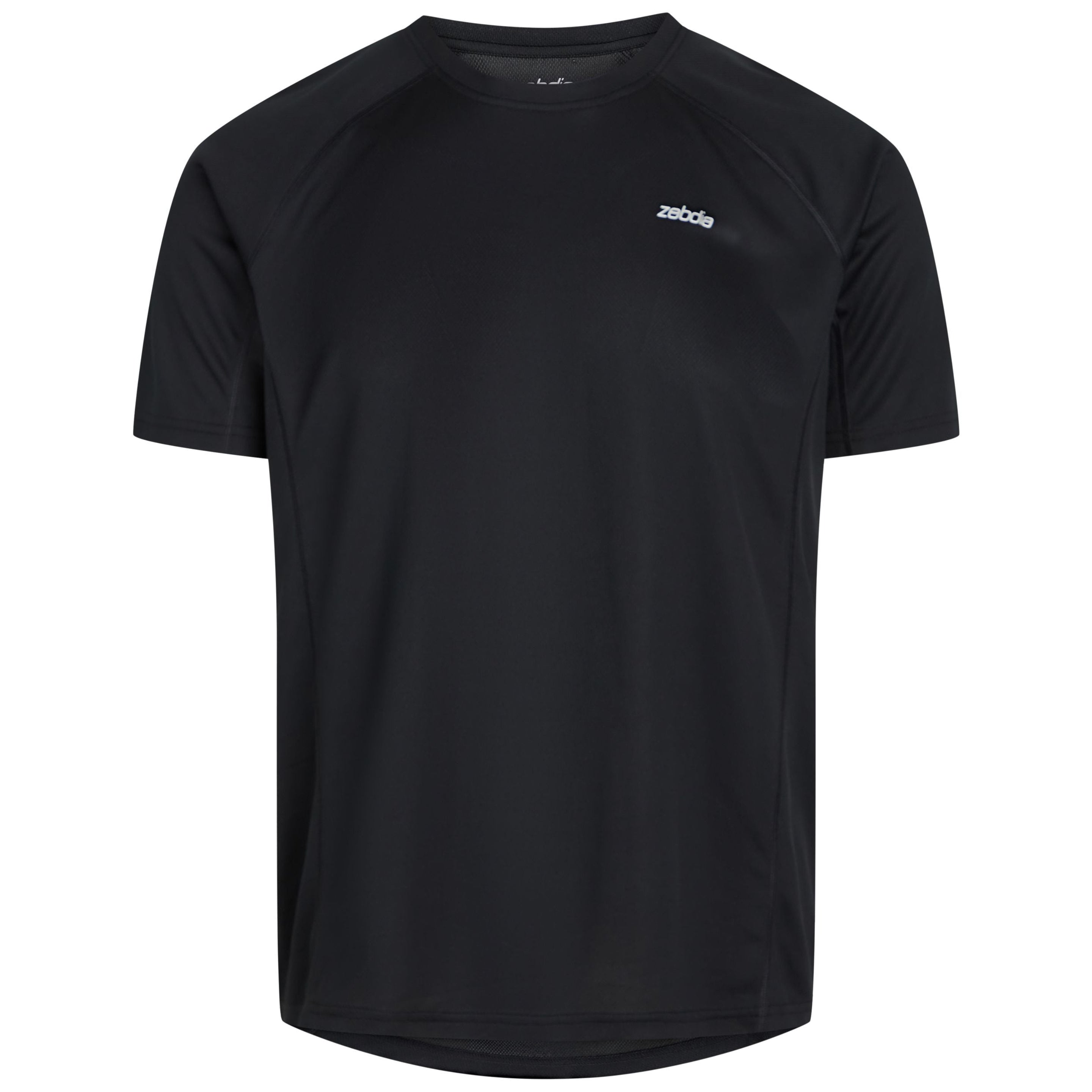 Ein schlichtes, schwarzes, kurzärmeliges Sport-T-Shirt mit einem kleinen, weißen Zodic-Logo auf der linken Brust, das auf weißem Hintergrund abgebildet ist.