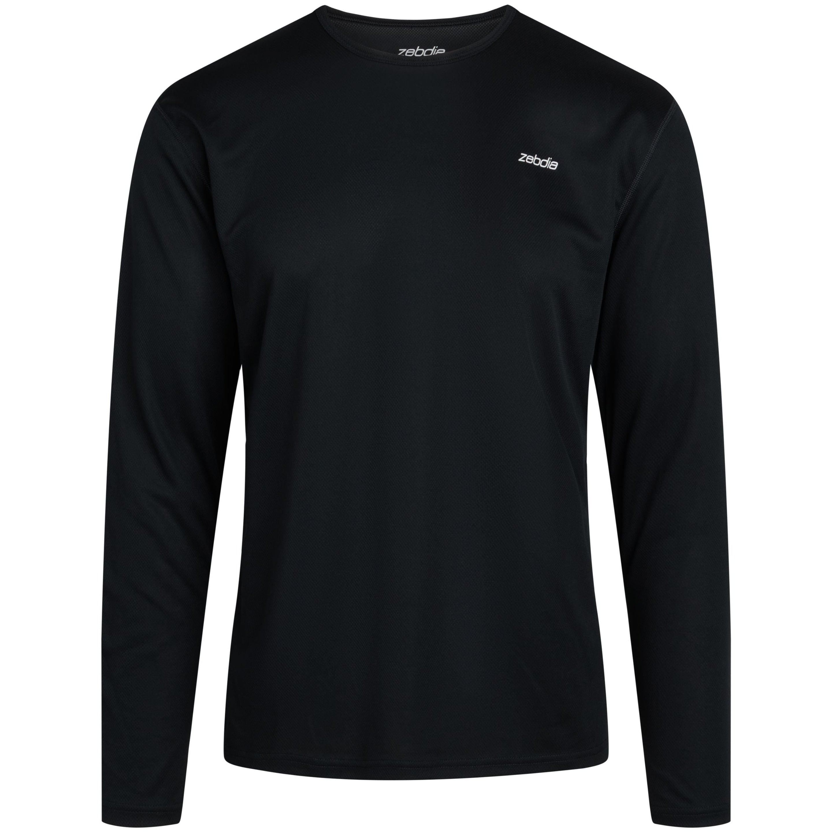 Ein schlichtes, schwarzes, langärmeliges Sport-Shirt mit einem kleinen, weißen Logo auf der linken Brust und im mittleren Halsausschnitt auf weißem Hintergrund.