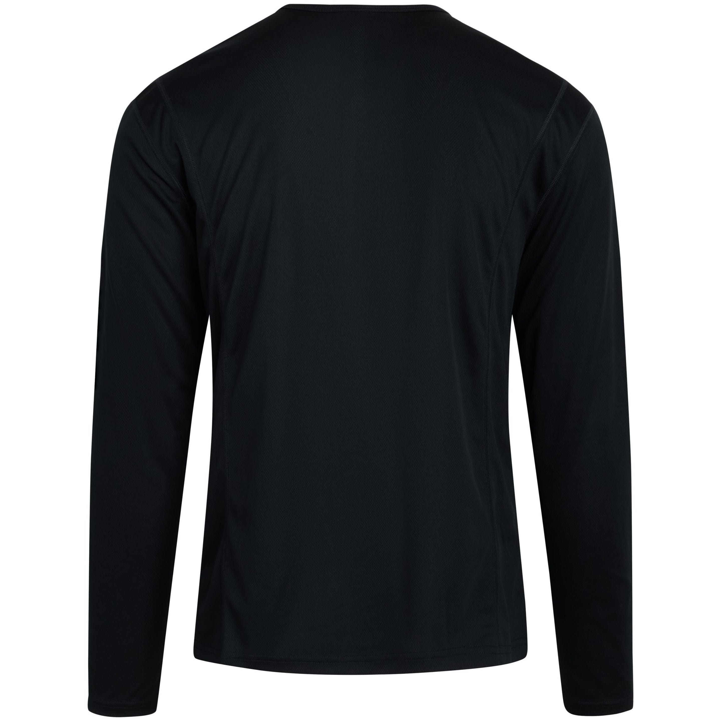 Ein schlichtes, schwarzes, langärmeliges Hemd, von hinten gesehen, auf weißem Hintergrund.