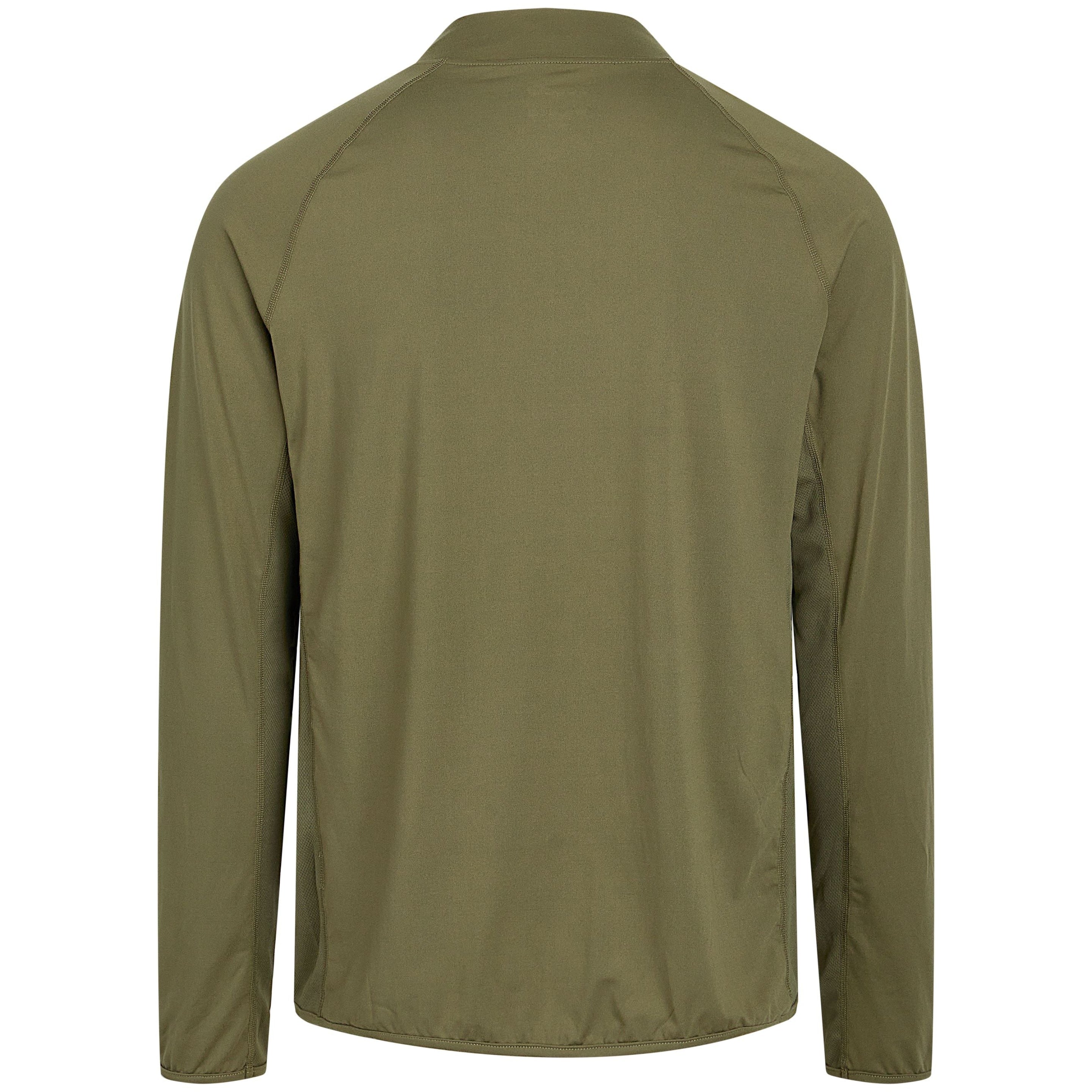 Eine olivgrüne, langärmelige Jacke, von hinten gesehen, mit einem einfachen Design ohne sichtbare Muster, Logos oder Verzierungen.