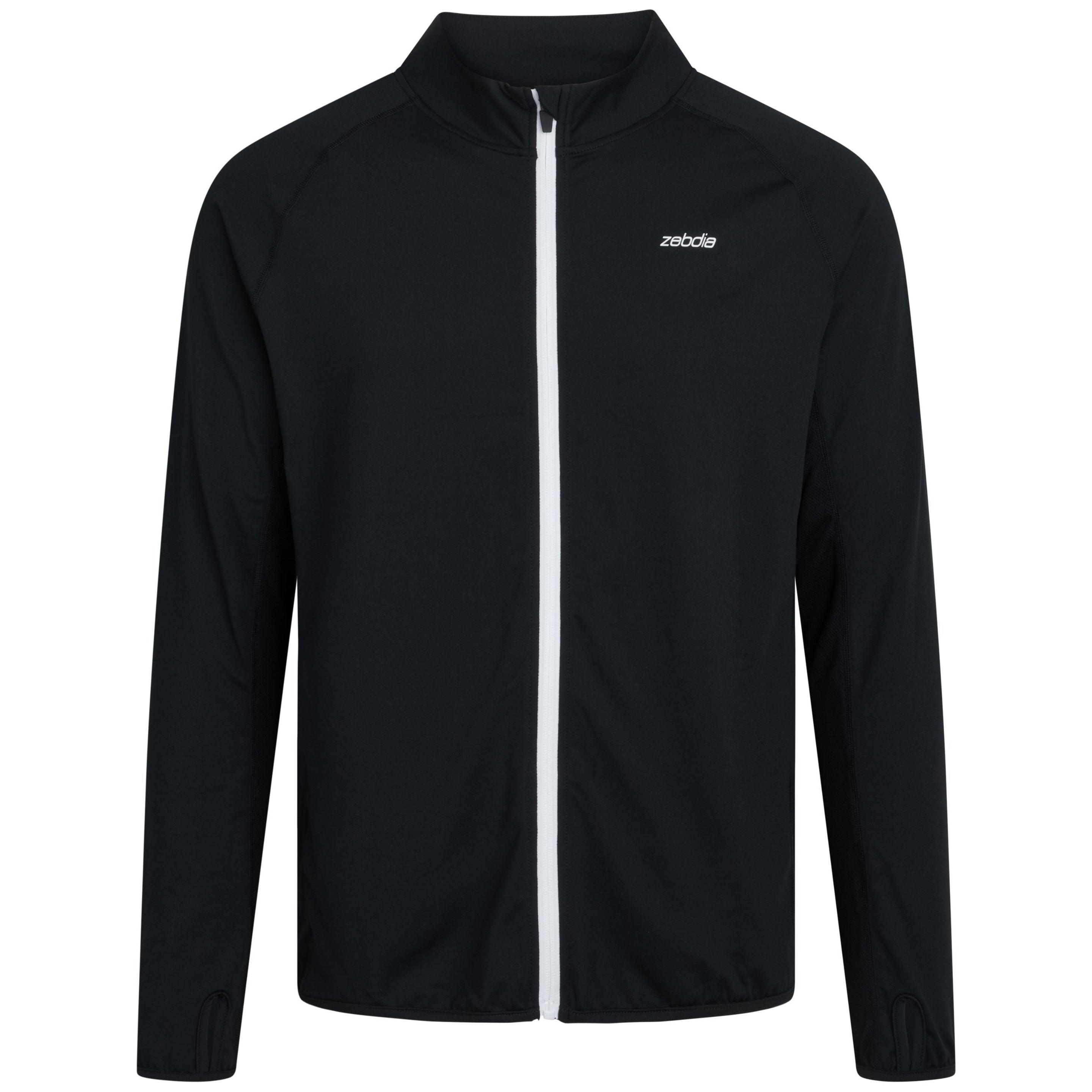 Schwarze Reißverschlussjacke mit langen Ärmeln und weißem, vertikalem Reißverschluss. Das Markenlogo zadic ist in Weiß auf der linken Brust aufgedruckt. Die Jacke hat ein einfaches, minimalistisches Design.