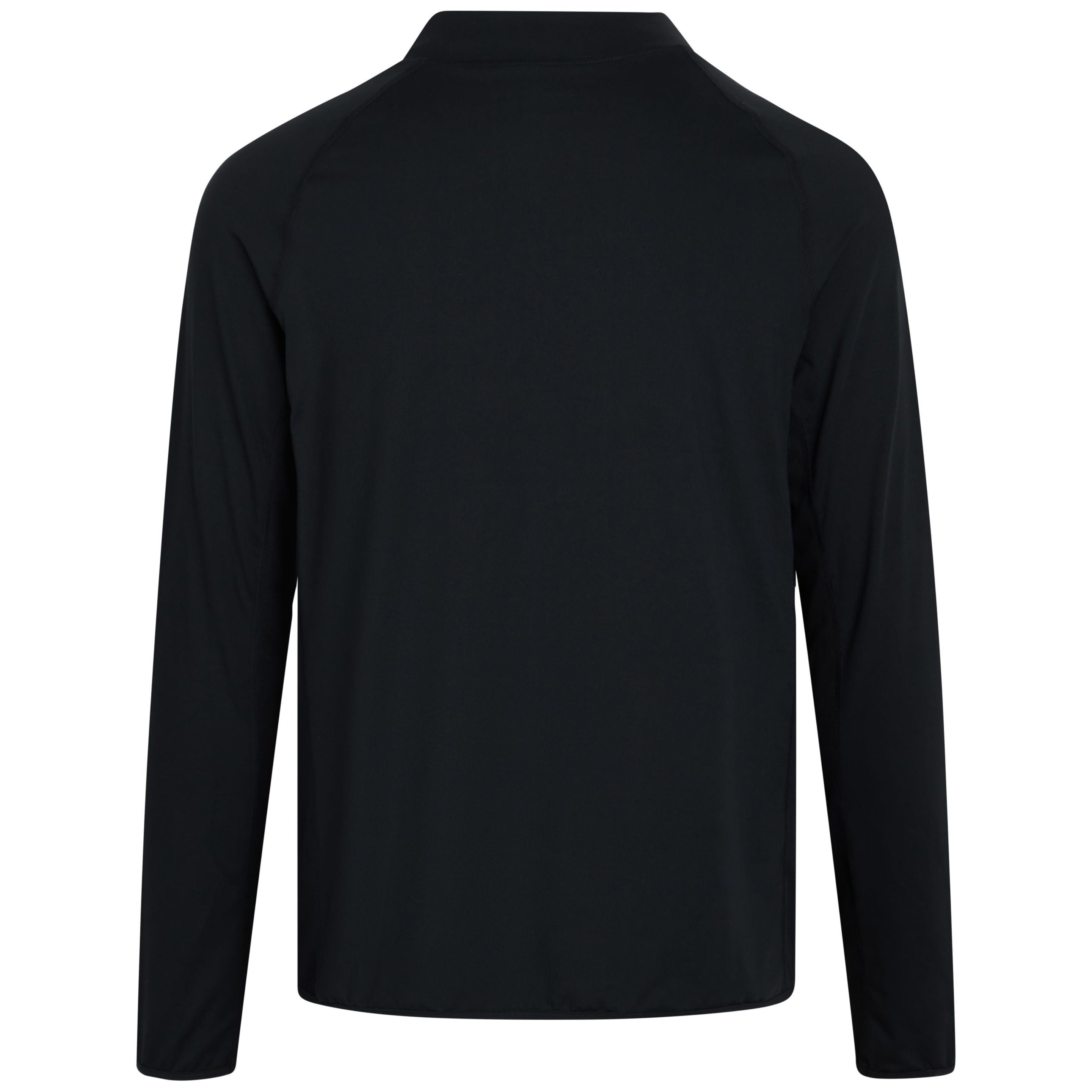 Rückenansicht eines schlichten schwarzen langärmeligen Hemdes mit Kragen auf weißem Hintergrund.