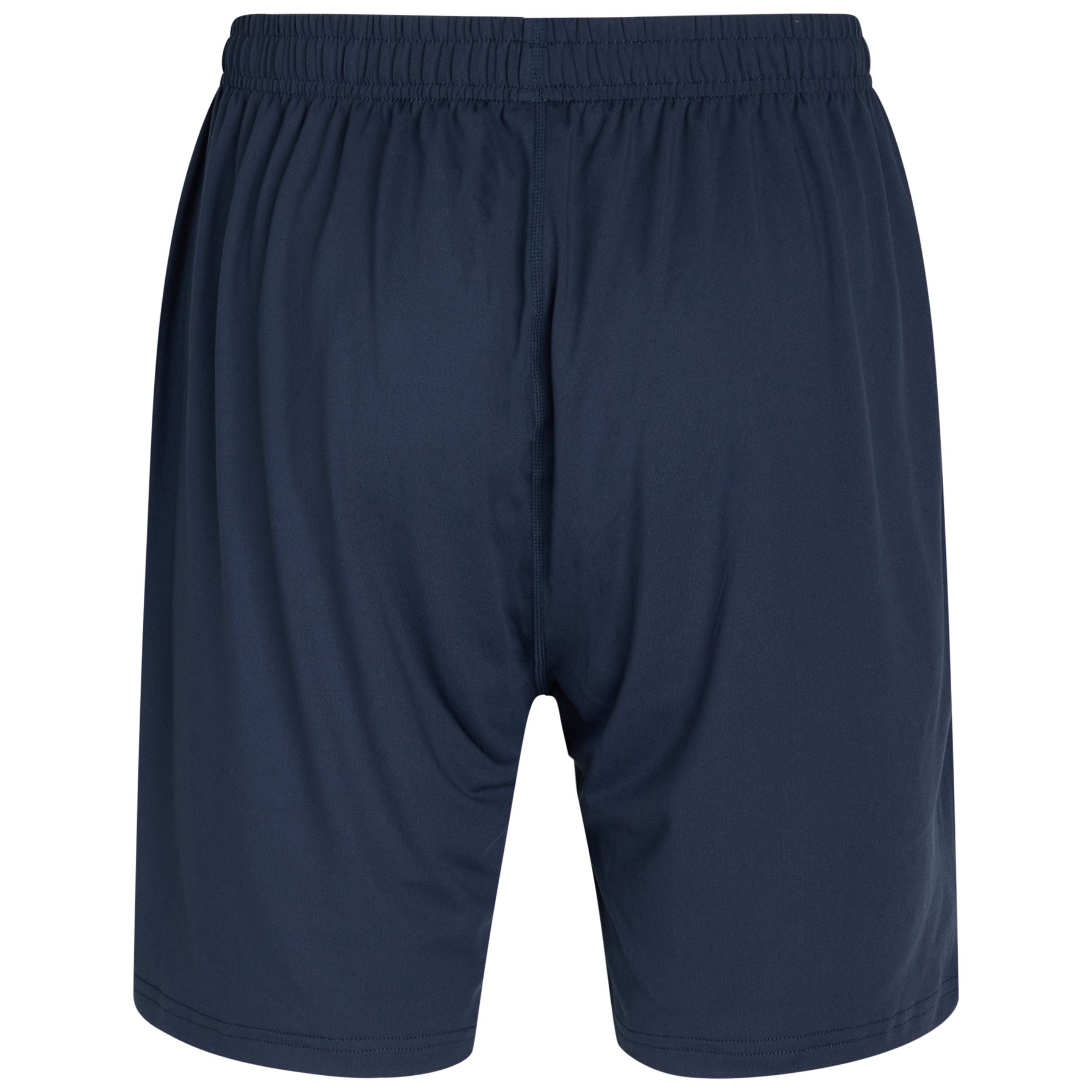Marineblaue Sportshorts mit einem elastischen Bund auf weißem Hintergrund. Die Shorts sind einfarbig, ohne sichtbare Logos oder Muster.
