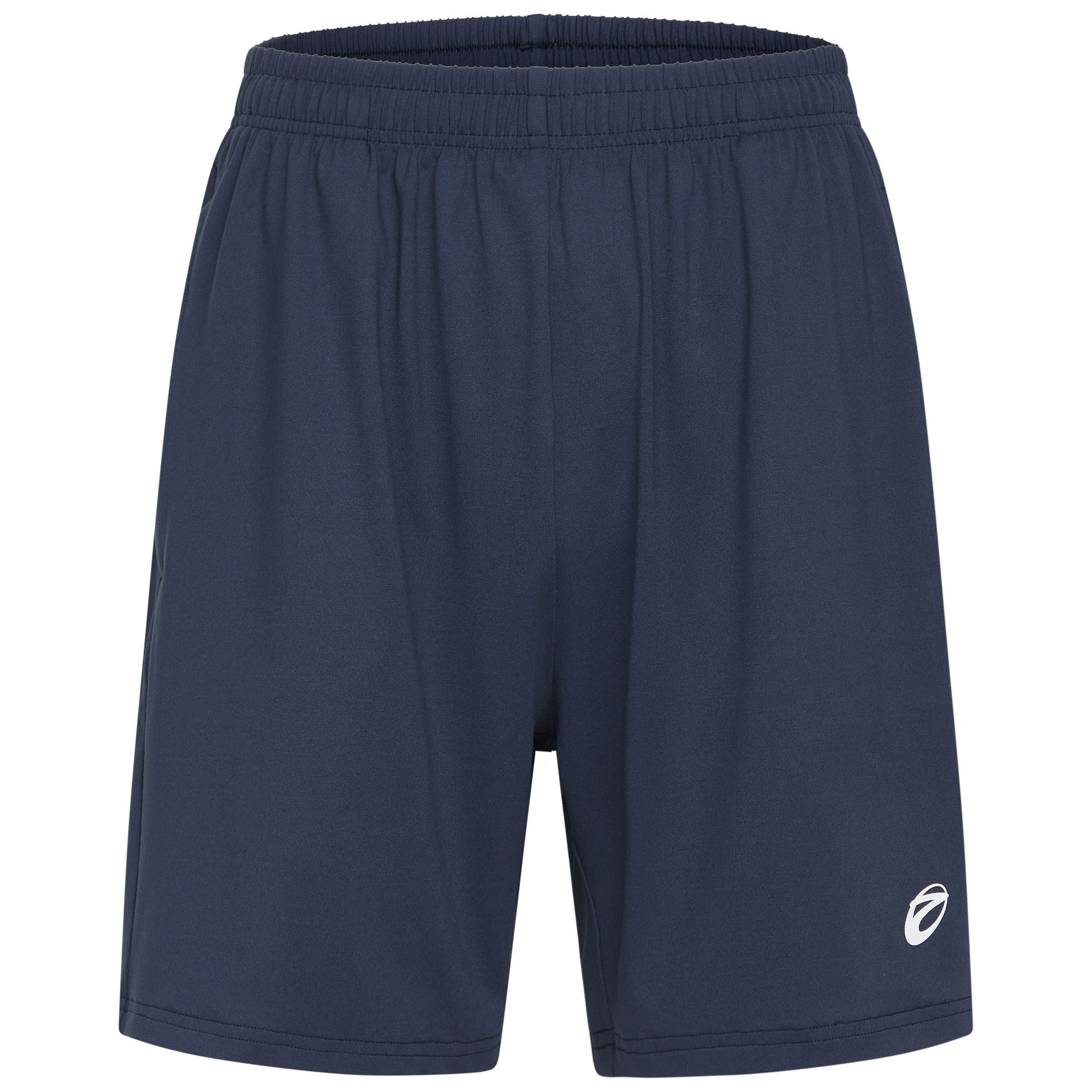 Marineblaue Sportshorts mit elastischem Bund und einem kleinen weißen Logo auf dem linken unteren Bein, das auf einem einfarbig weißen Hintergrund angebracht ist.
