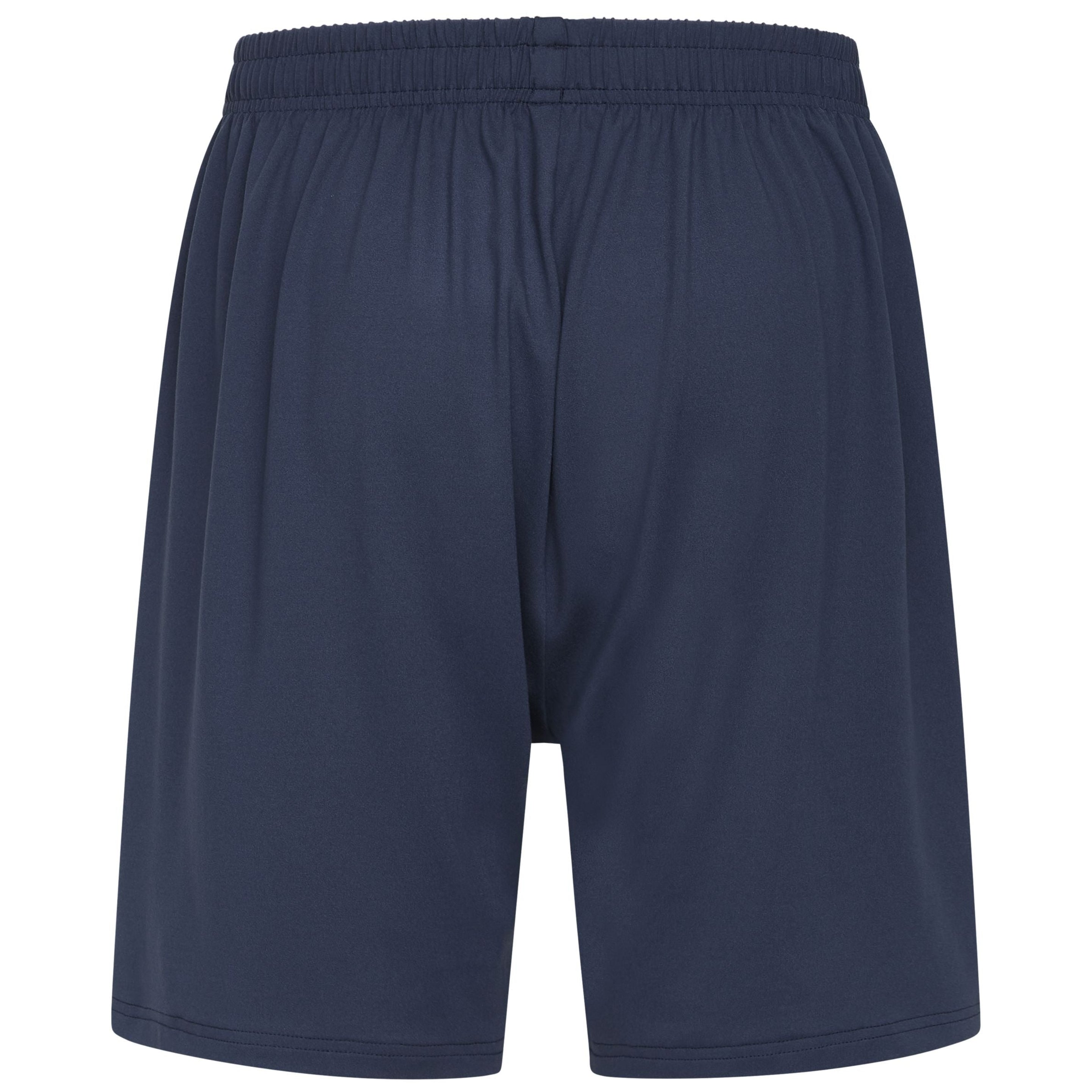 Marineblaue Sportshorts mit elastischem Bund, von hinten auf weißem Hintergrund abgebildet.