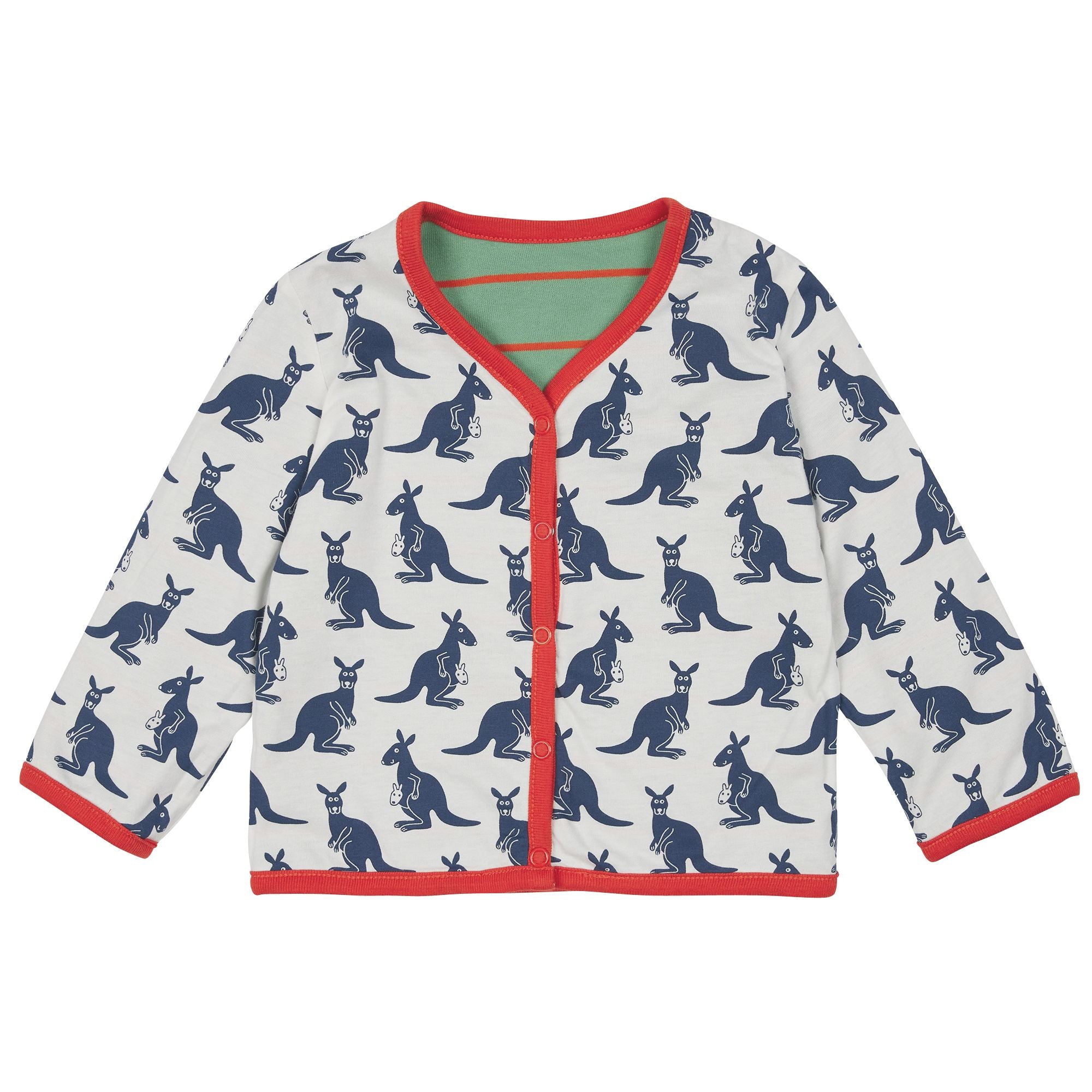 Langärmelige Baby-Strickjacke mit Känguru-Aufdruck in Marineblau auf weißem Stoff, rotem Saum und grünem Innenfutter.