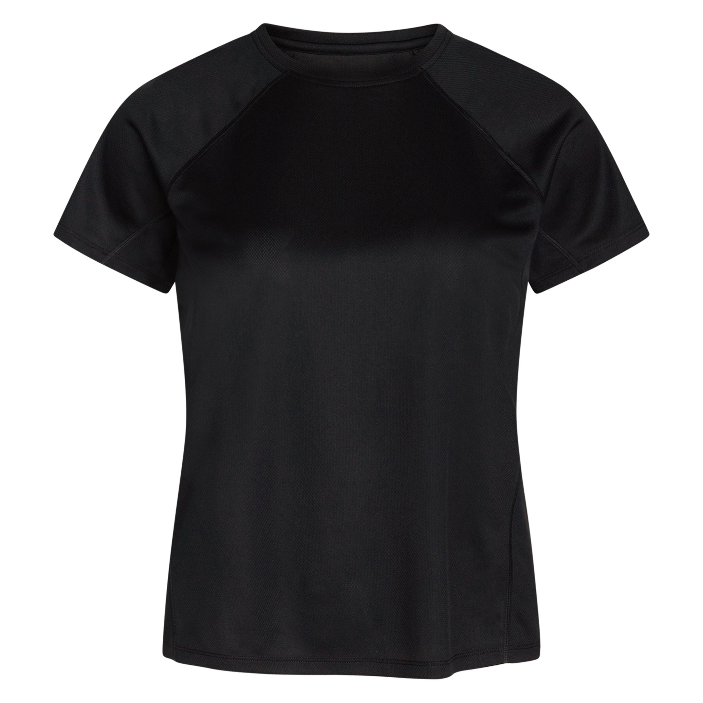 Ein schlichtes schwarzes Kurzarm-T-Shirt mit Rundhalsausschnitt auf weißem Hintergrund. Das Shirt ist schlicht gehalten, ohne sichtbare Logos oder Muster.