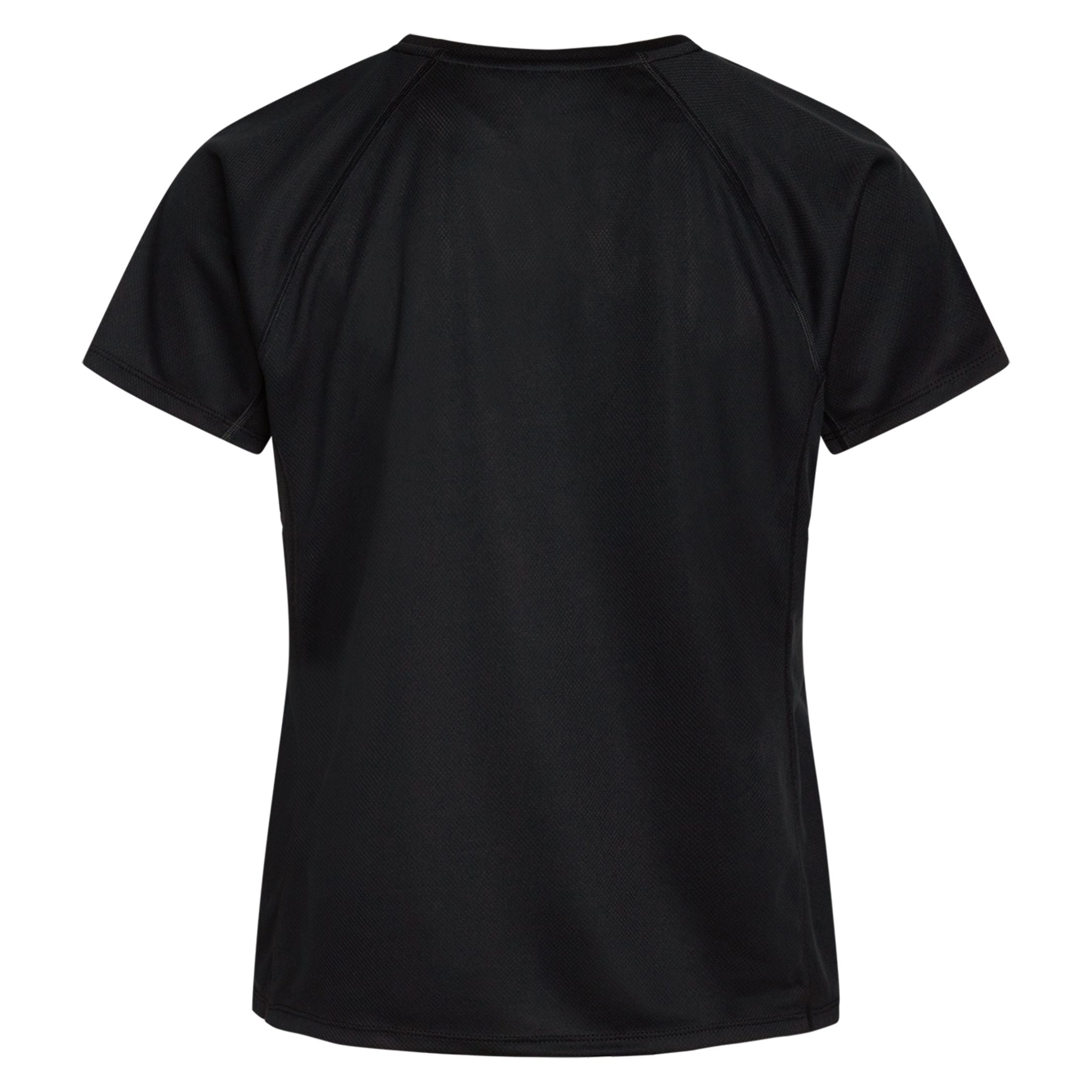 Ein schlichtes schwarzes T-Shirt mit kurzen Ärmeln, von hinten gesehen, auf weißem Hintergrund.