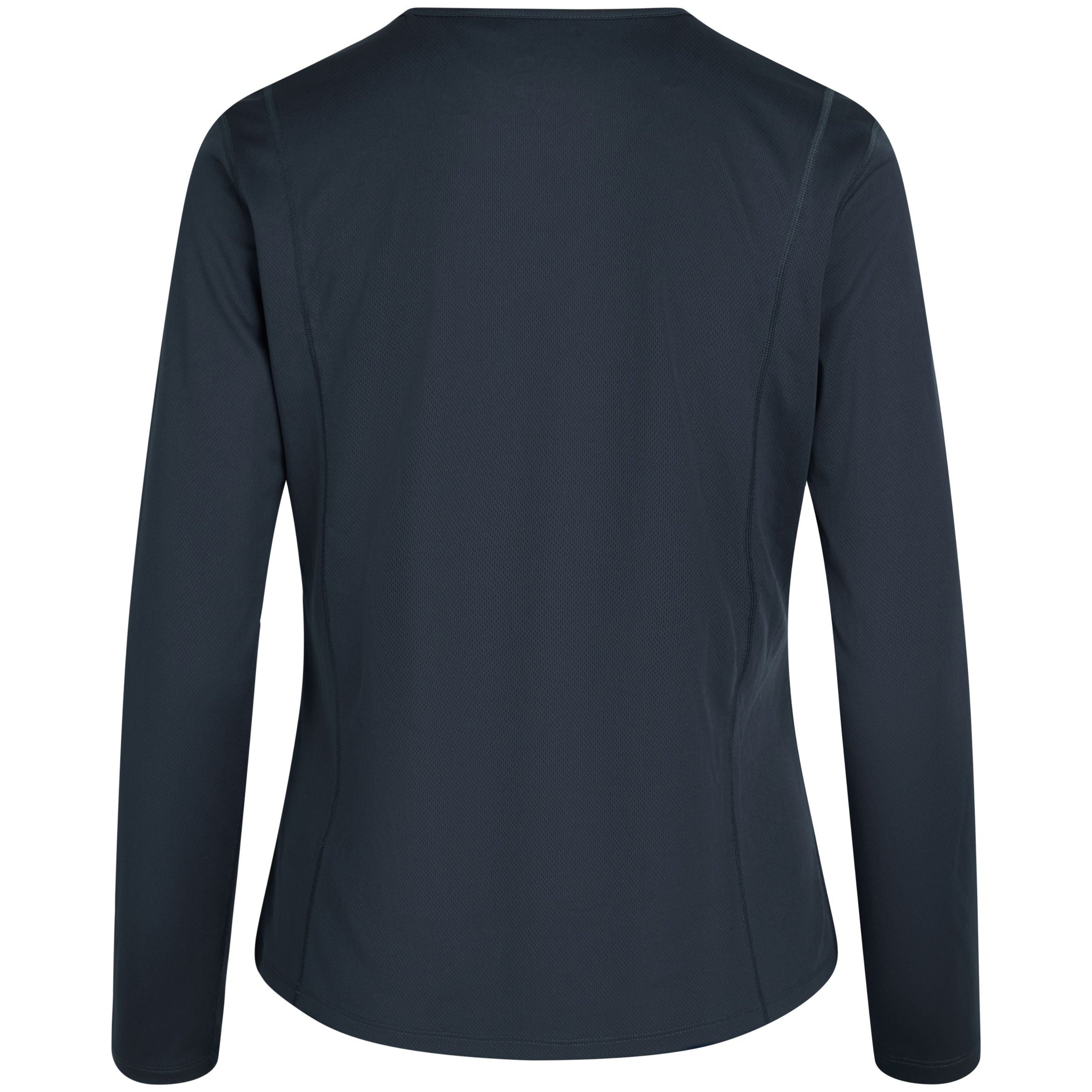 Rückenansicht eines einfarbigen, langärmeligen, schwarzen oder dunkelmarinefarbenen Hemdes mit rundem Halsausschnitt auf weißem Hintergrund.