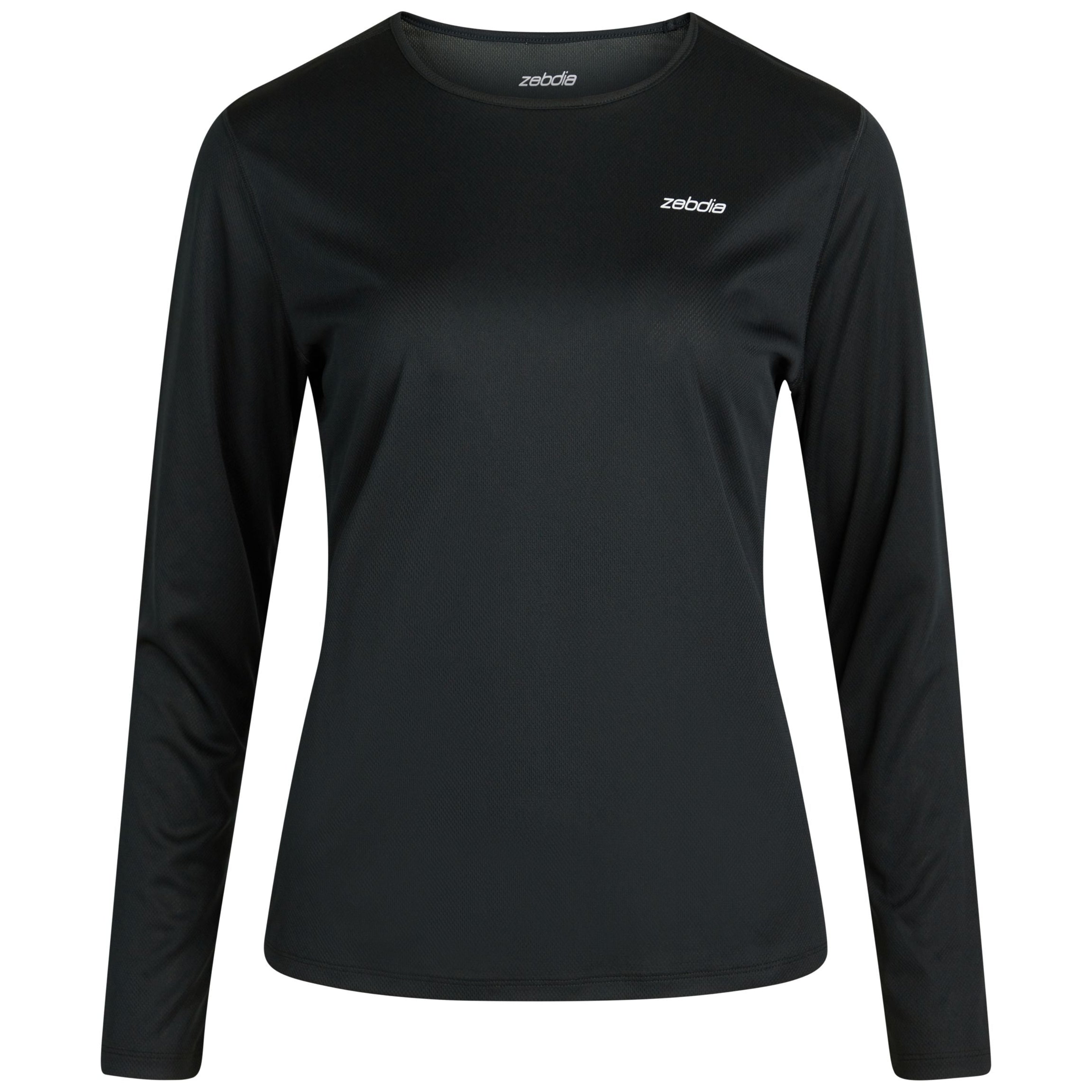 Ein schlichtes, schwarzes, langärmeliges Sportshirt mit Rundhalsausschnitt und einem kleinen, weißen Zoggs-Logo auf der linken Brust auf weißem Hintergrund.