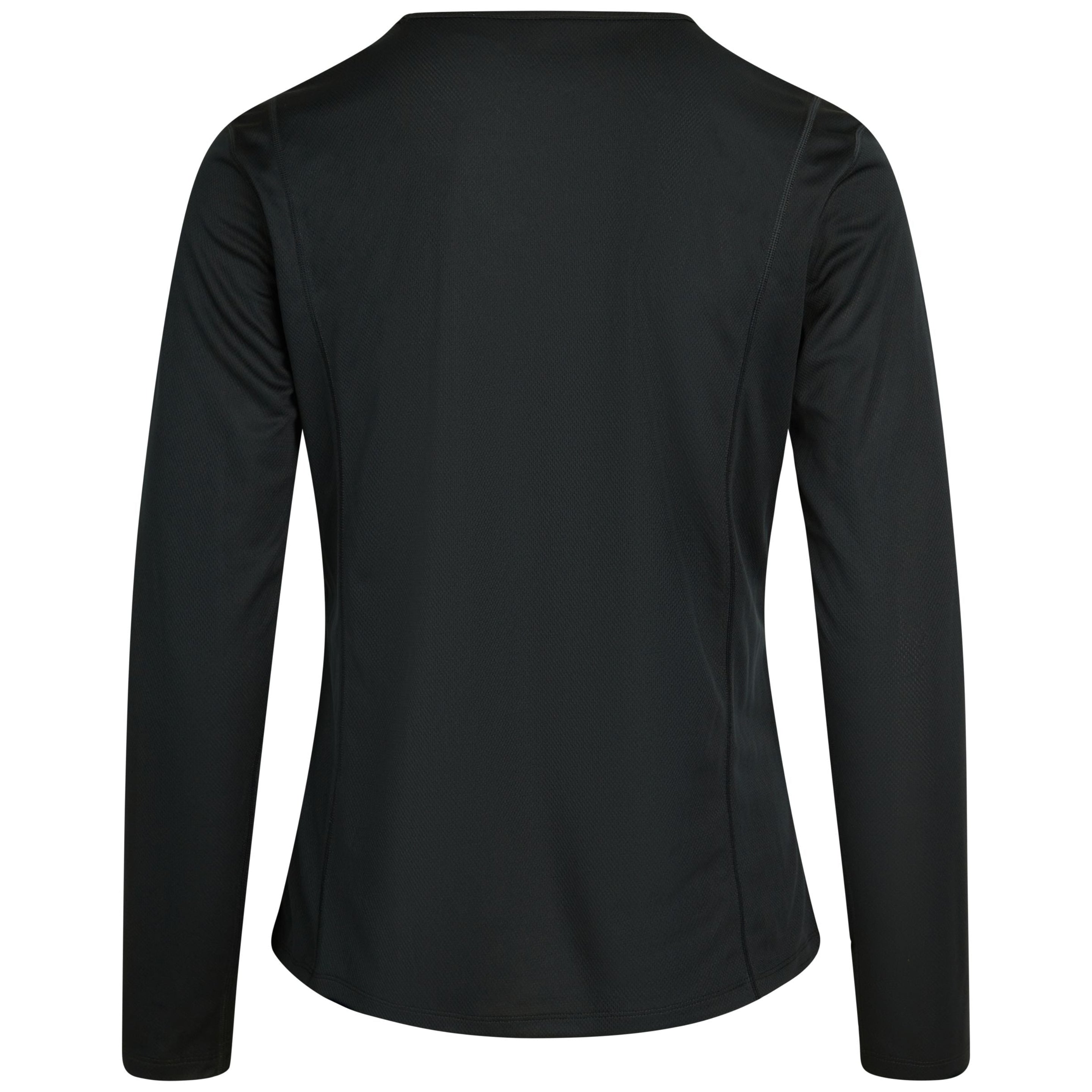 Ein schlichtes schwarzes langärmeliges Hemd von hinten auf weißem Hintergrund.