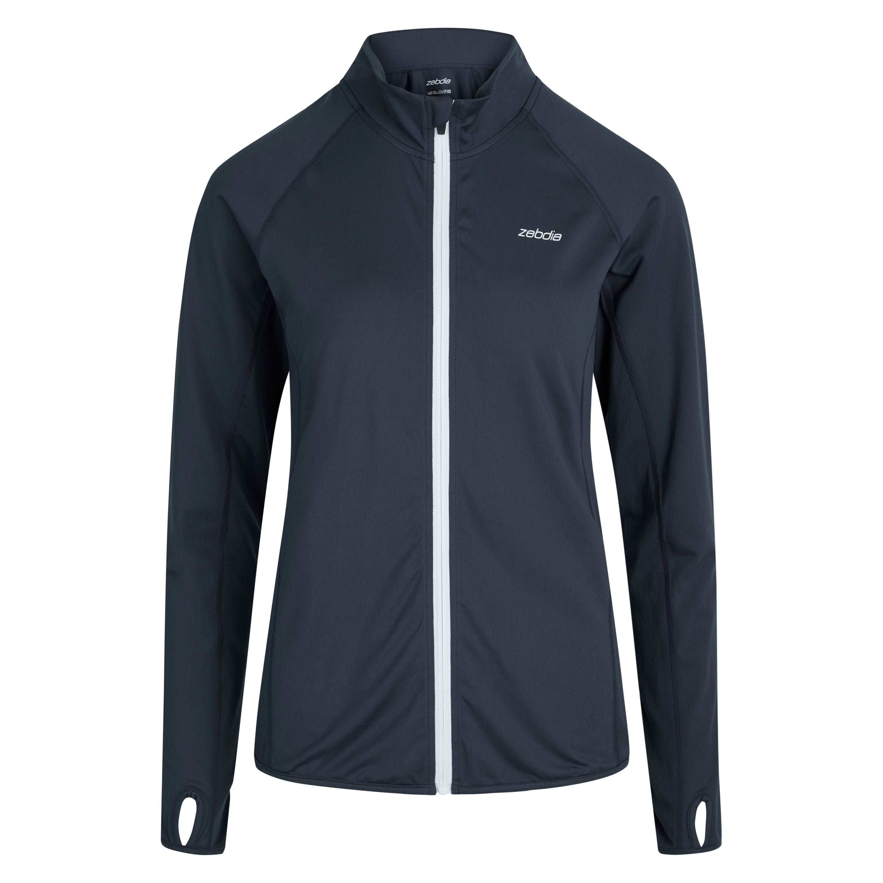 Schwarze, langärmelige Jacke mit Reißverschluss und Daumenlöchern auf weißem Hintergrund. Die Jacke hat ein kleines Logo auf der linken Brust.