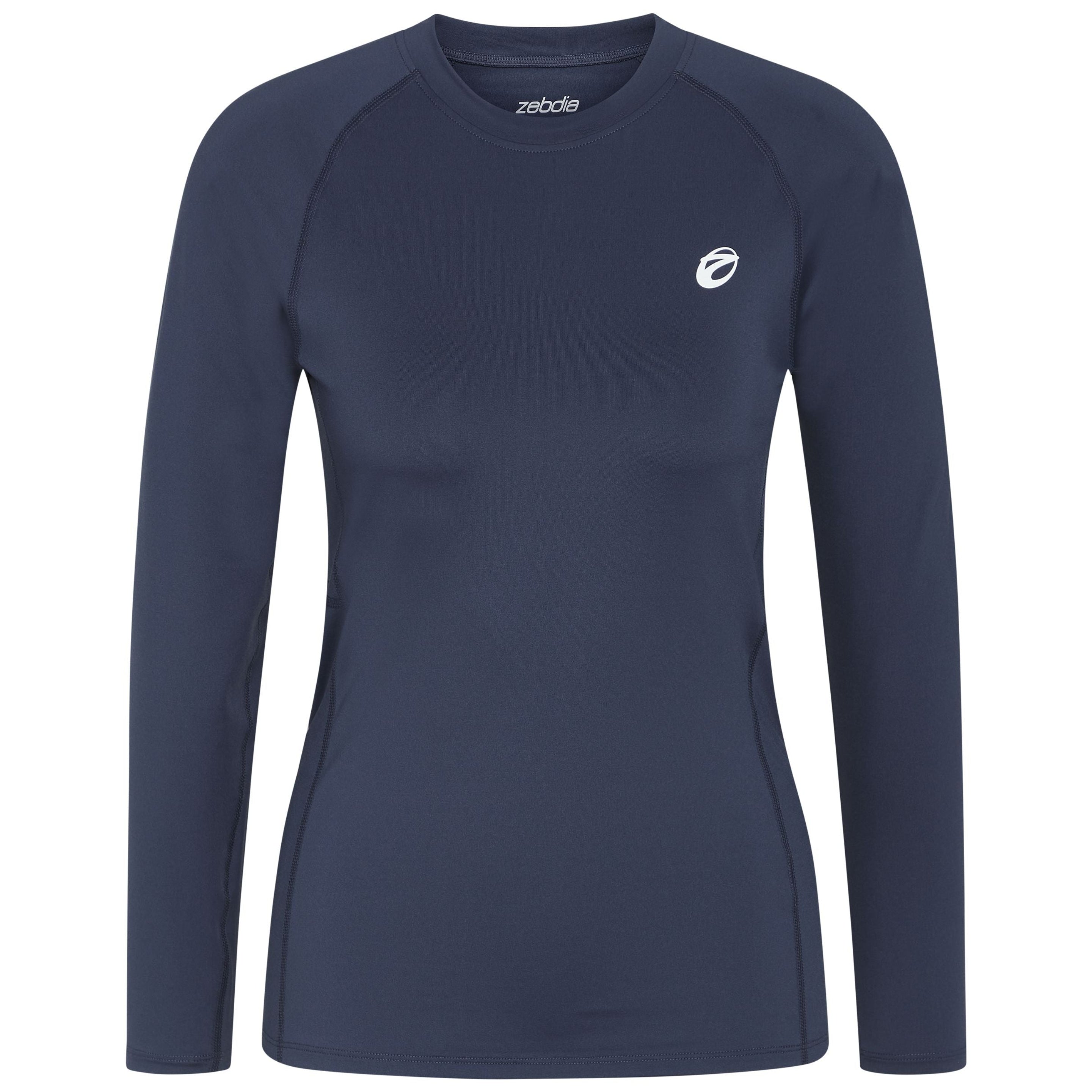 Ein marineblaues, langärmeliges Sporthemd mit Rundhalsausschnitt und einem kleinen weißen Logo auf der linken Brust, das auf einem einfarbig weißen Hintergrund abgebildet ist.