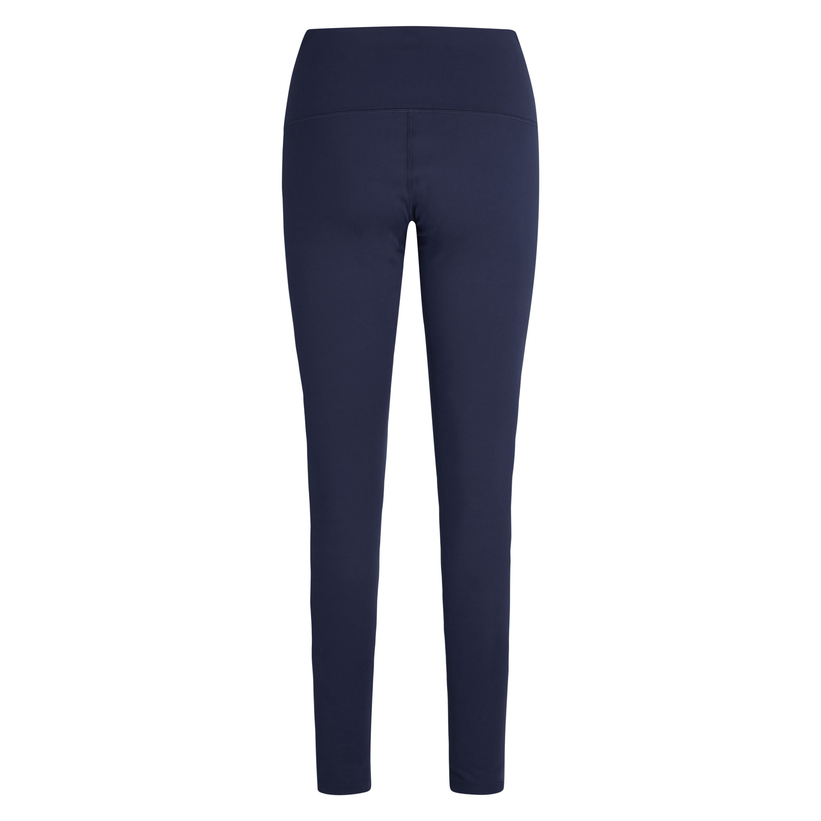 Marineblaue Leggings mit hoher Taille, von hinten gesehen, auf weißem Hintergrund. Die Leggings sind bodenlang, glatt und tailliert geschnitten und haben keine sichtbaren Nähte oder Taschen.