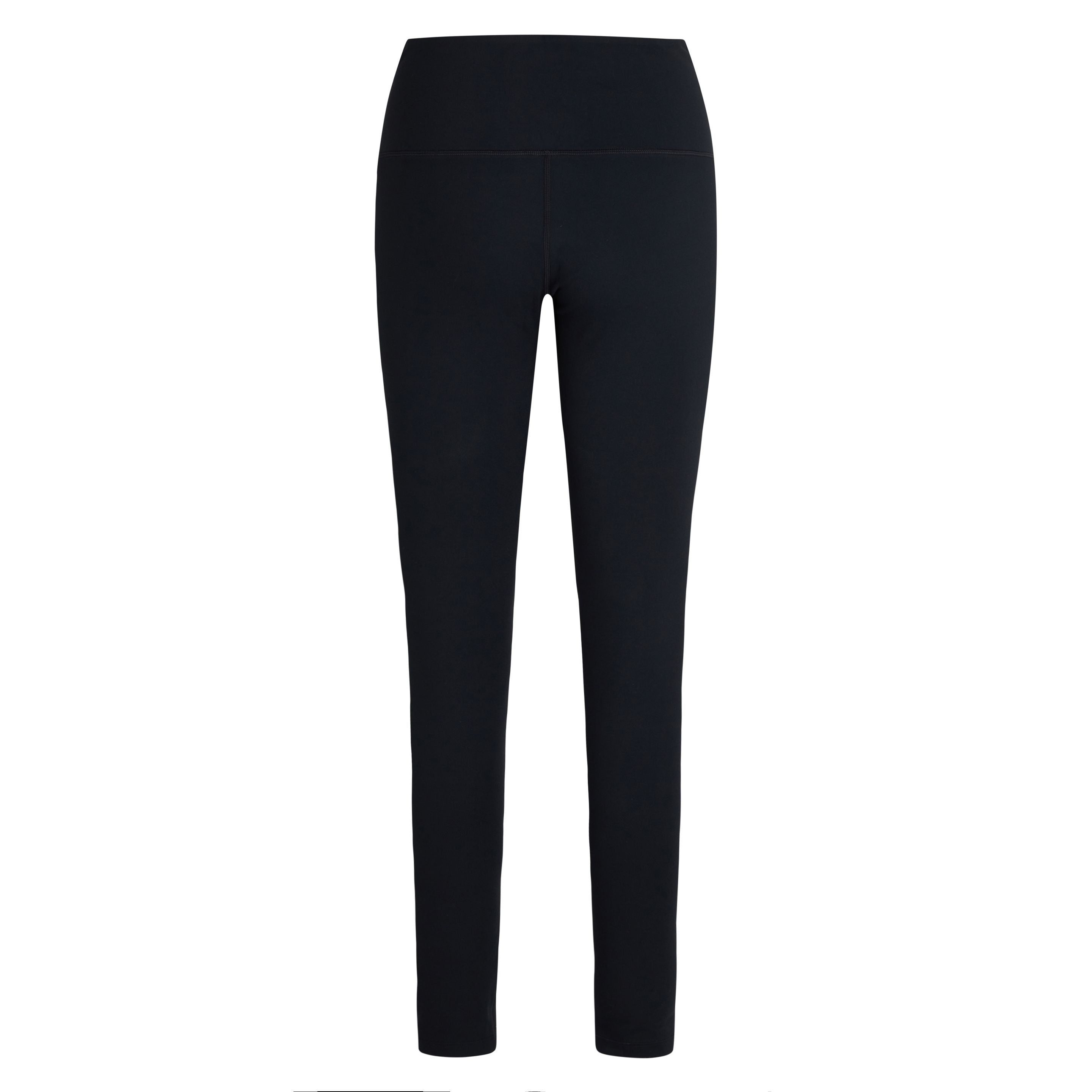 Schwarze Leggings mit hoher Taille auf weißem Grund, von vorne gesehen, mit einfachem, nahtlosem Design und durchgehendem Bein.