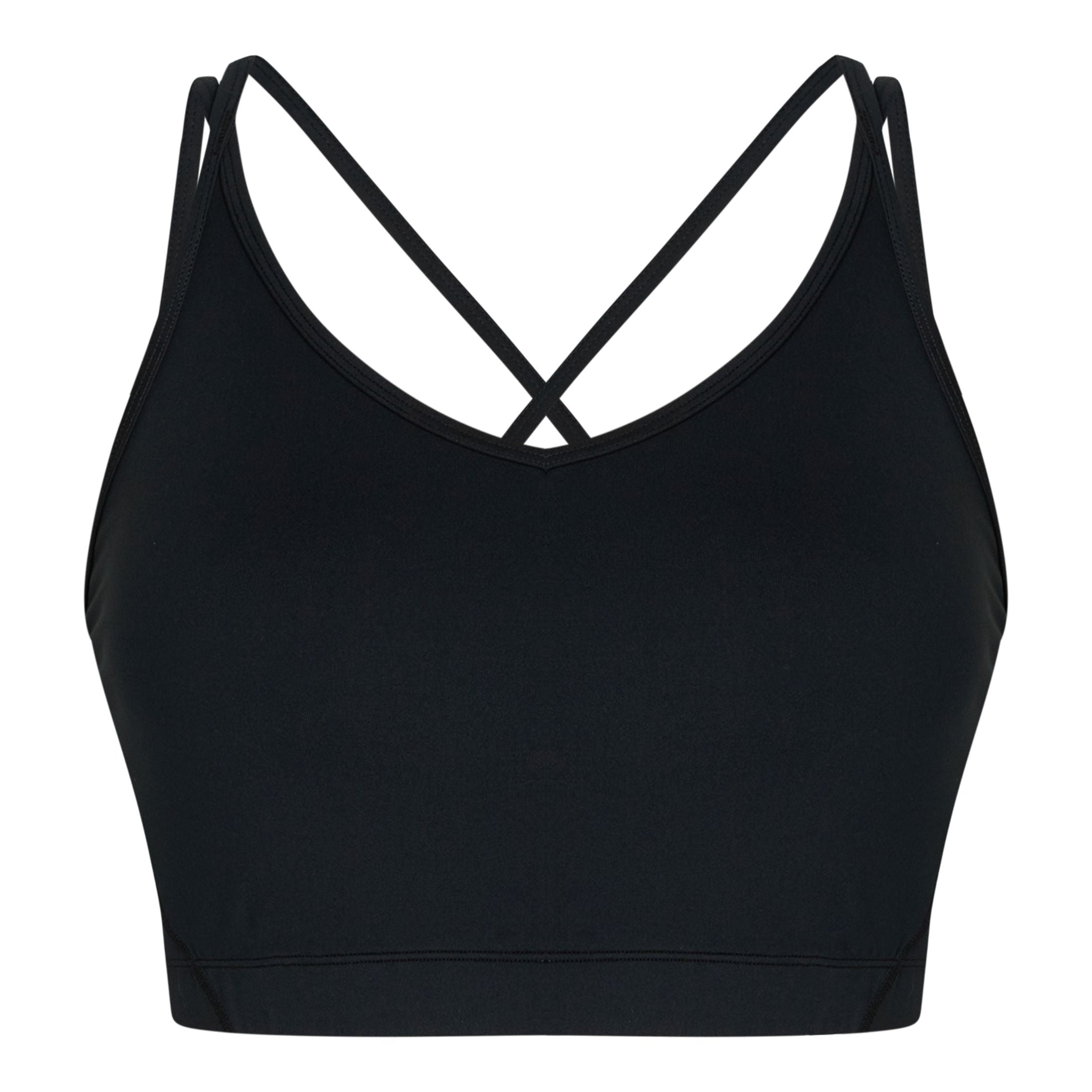 Ein schwarzer Sport-BH mit dünnen Doppelträgern, die sich im Rücken kreuzen, auf einem schlichten weißen Hintergrund.