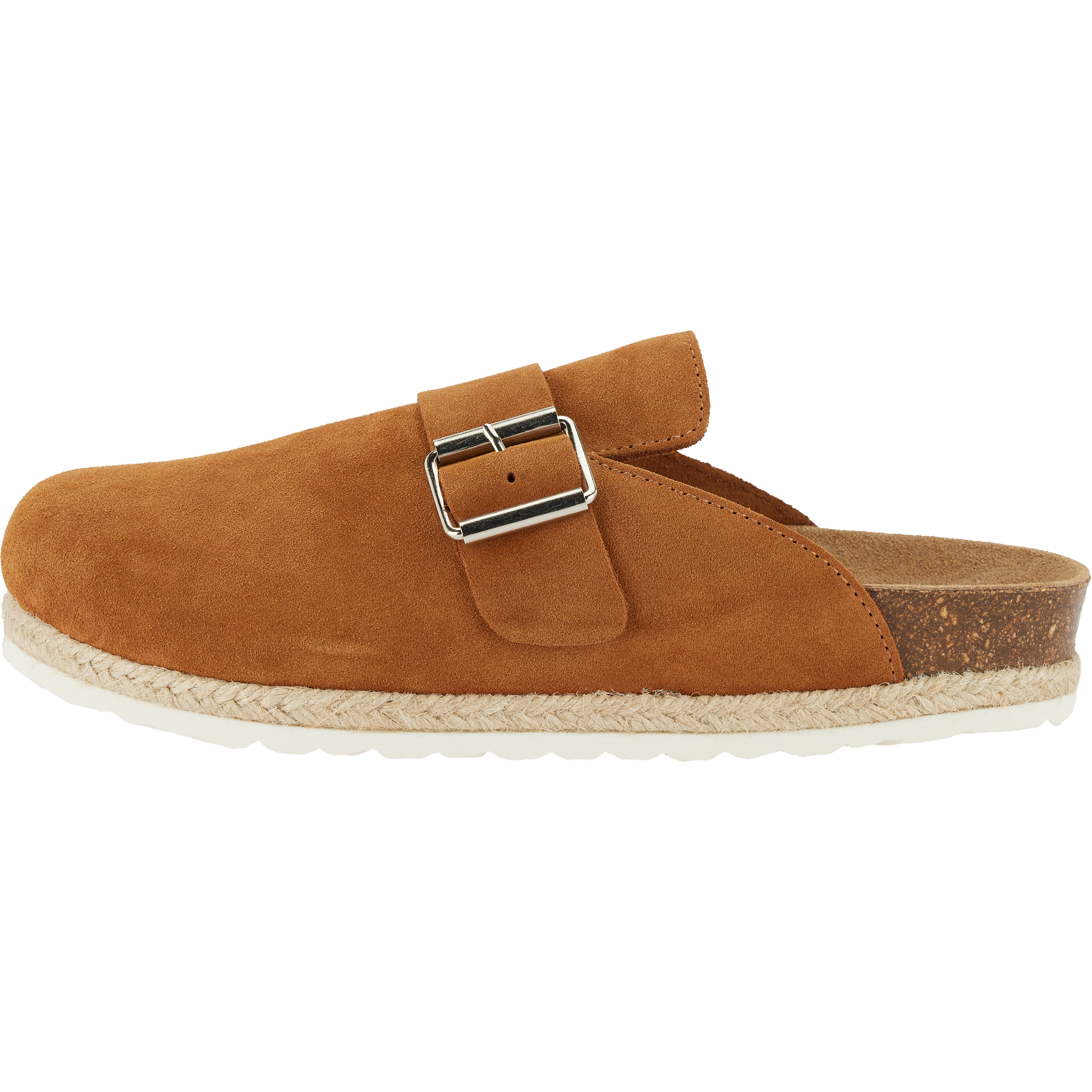 Ein brauner Wildleder-Slipper mit Korkfußbett, einer großen seitlichen Schnalle und einer flachen weißen Sohle mit strukturiertem Rand.