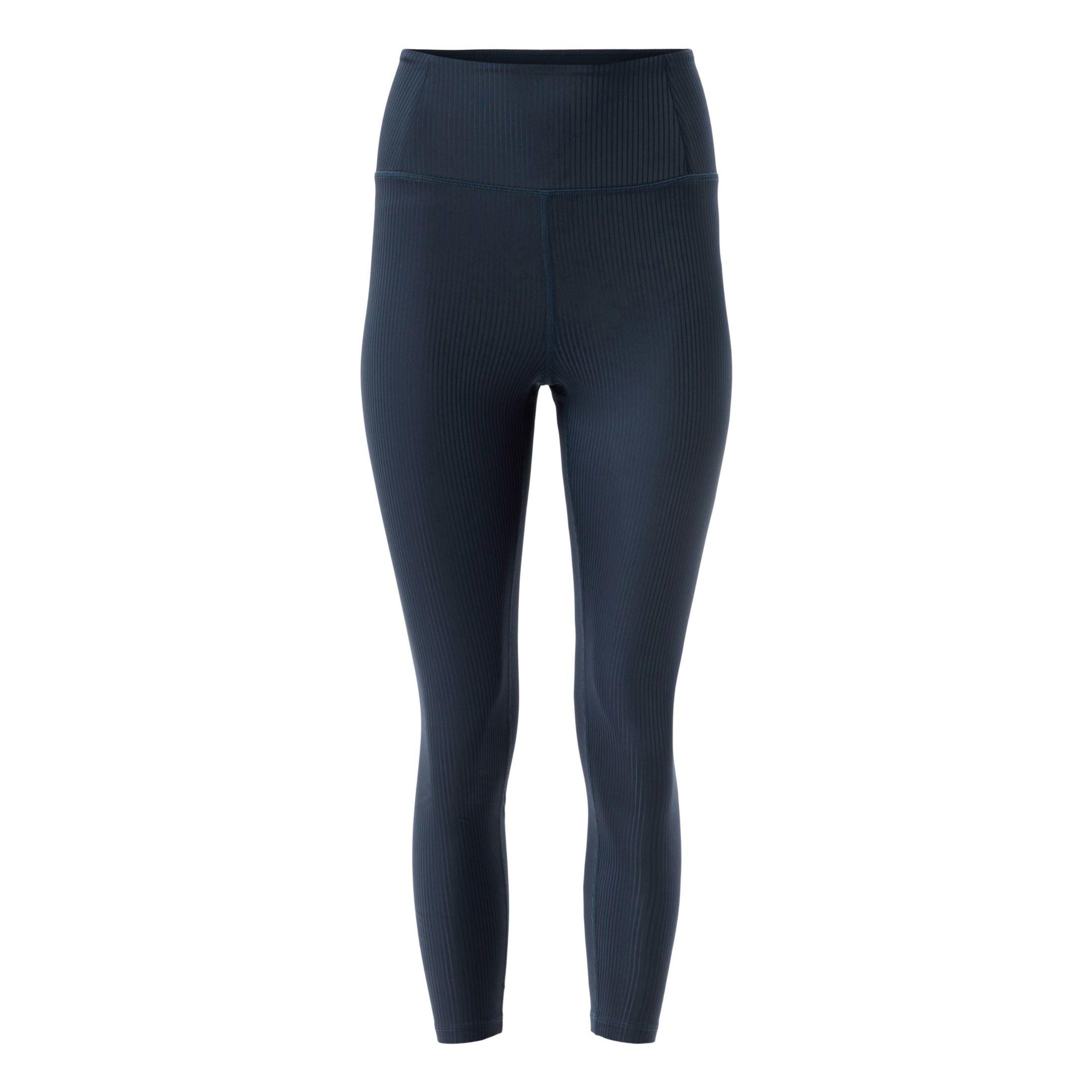 Marineblaue Leggings mit hoher Taille und gerippter Textur auf weißem Grund.