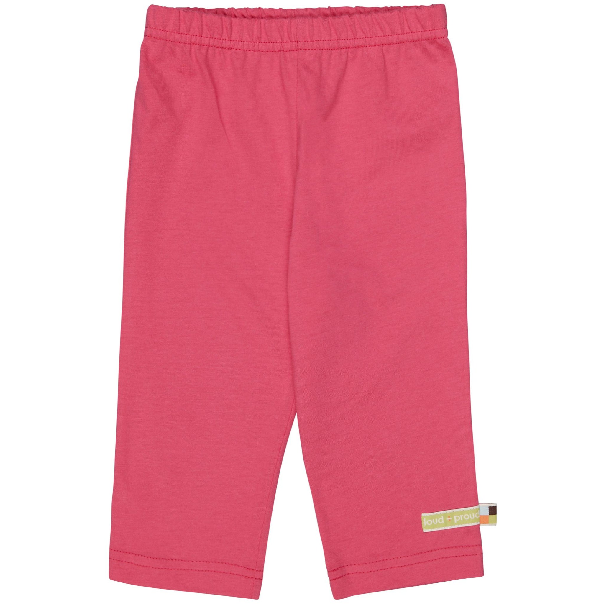 Rosa Kinderhose mit elastischem Bund und kleinem Etikett in der unteren Ecke.