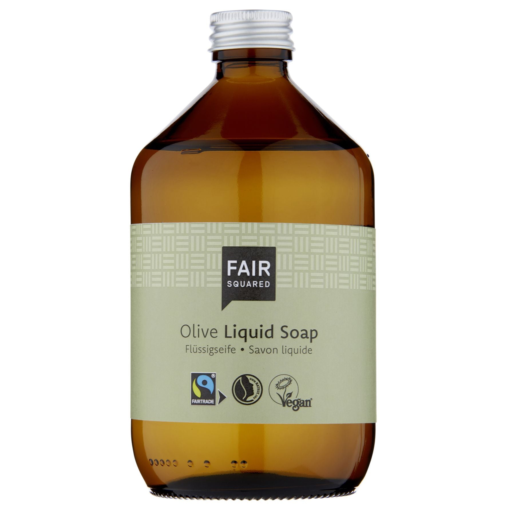 Eine braune Flasche Fair Squared Olive Liquid Soap mit einer silbernen Kappe. Das hellgrüne Etikett zeigt den Produktnamen und die Zertifizierungen für Fairtrade, Vegan und nachhaltige Standards.