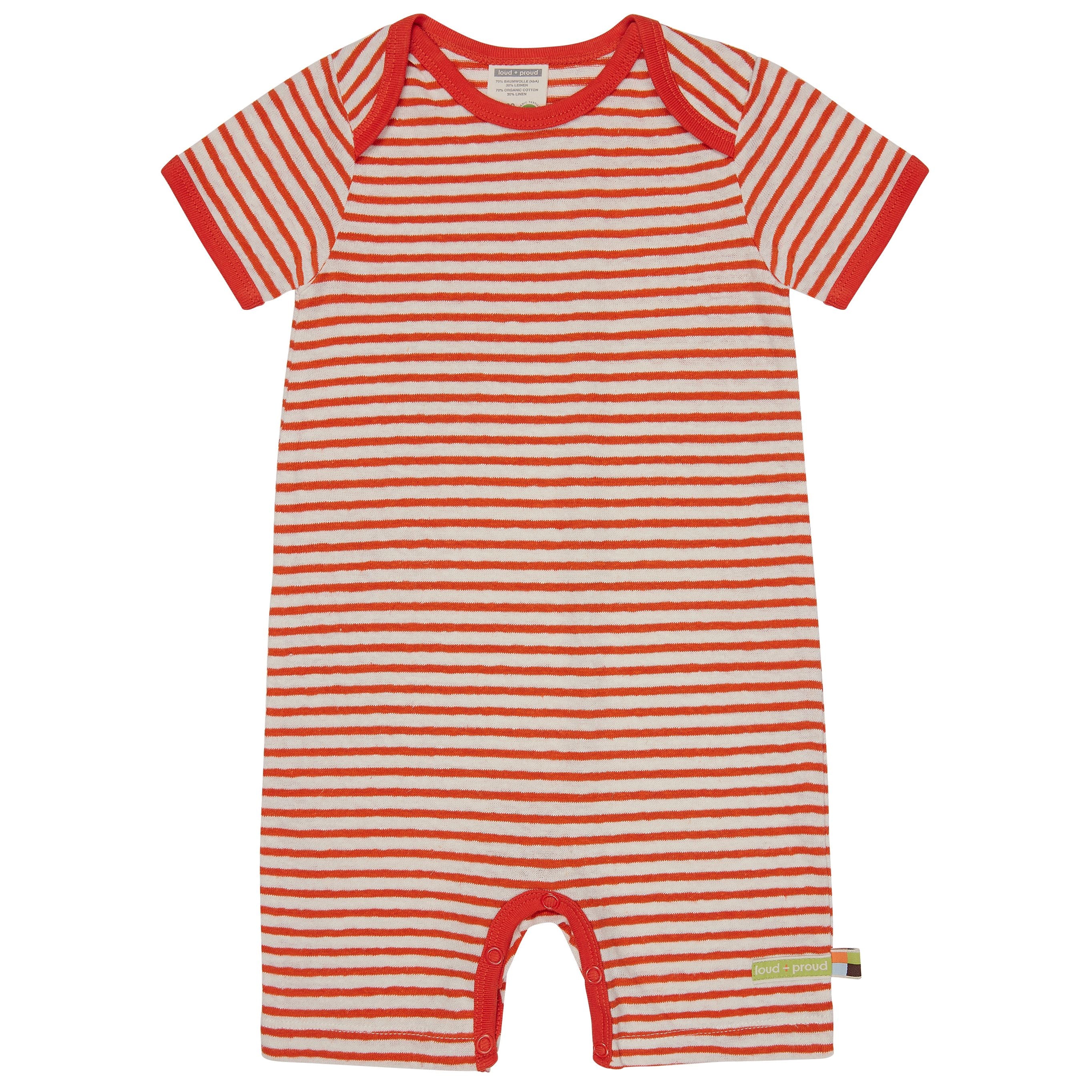 Kurzärmeliger Babystrampler mit waagerechten roten und weißen Streifen, rotem Besatz an Kragen und Ärmelbündchen und Druckknopfverschlüssen unten.