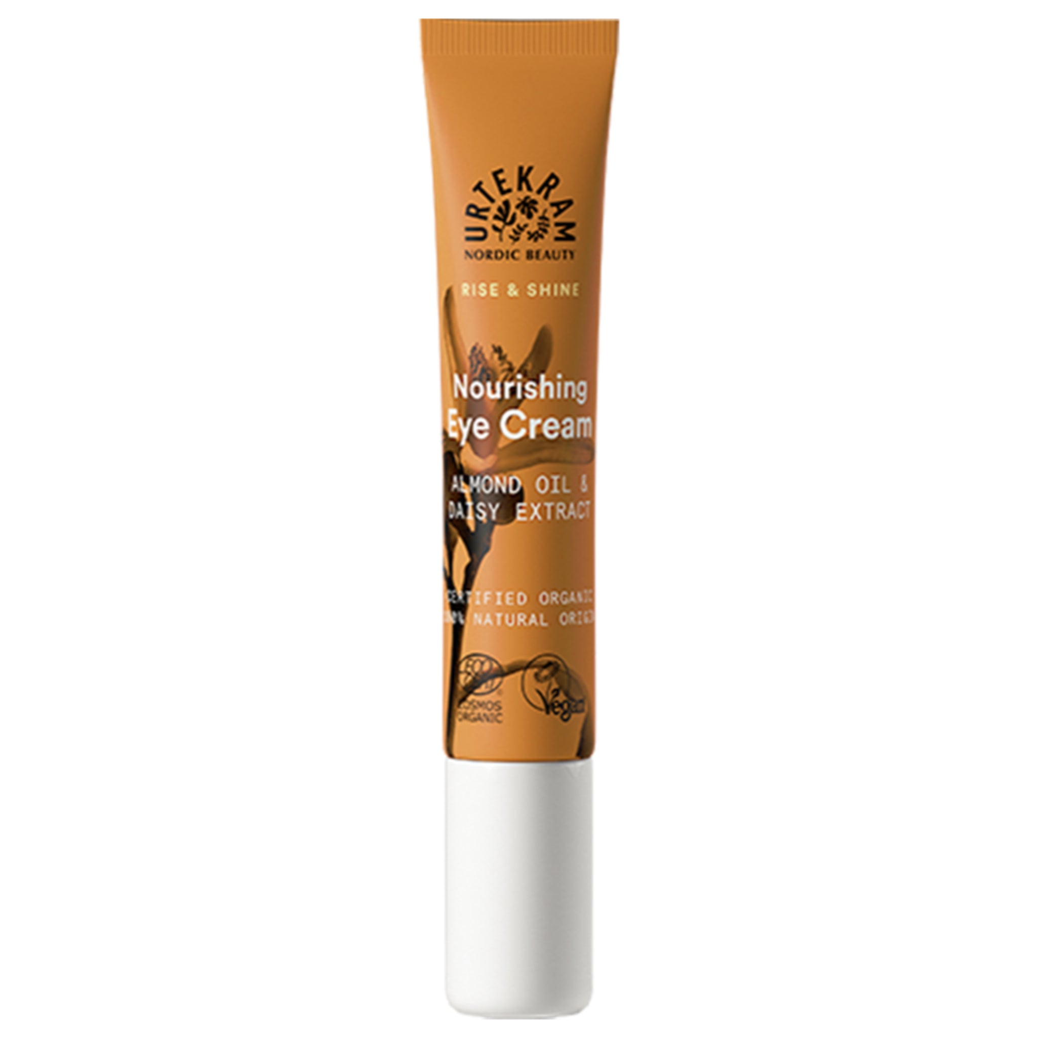 Braune Tube mit Urtekram Augencreme, Mandelöl und Gänseblümchenextrakt, vegan und biozertifiziert.