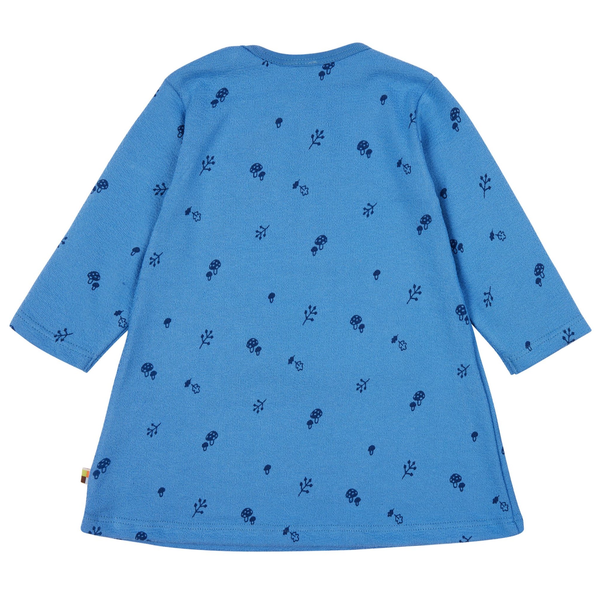 Blaues Kinderkleid mit langen Ärmeln und dunkelblauem Pilz- und Blattmuster.