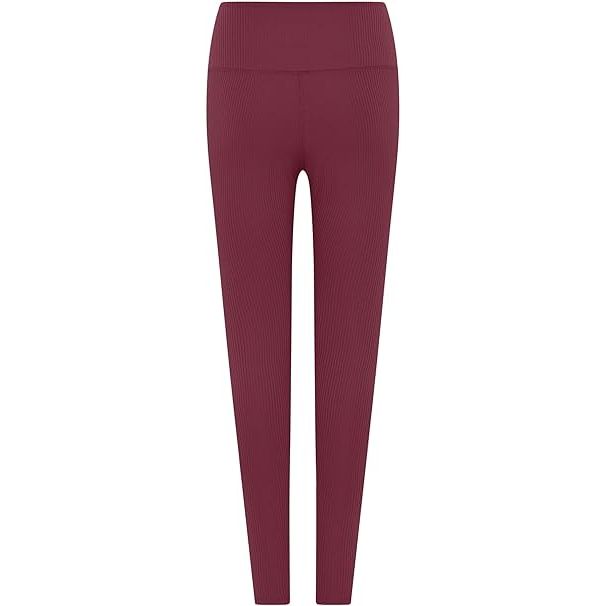 Hochtaillierte, gerippte kastanienbraune Leggings, flach auf weißem Hintergrund. Die Leggings haben ein nahtloses Design und eine taillierte Silhouette.