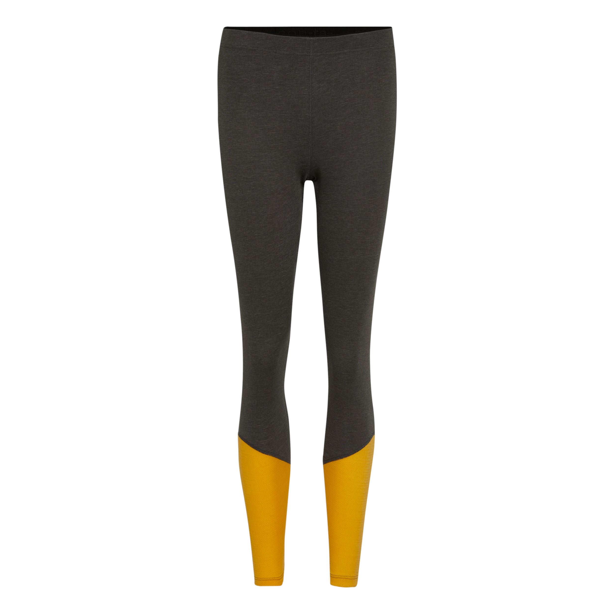 Dunkelgraue Leggings mit hoher Taille und leuchtend gelben Farbblöcken an den Unterschenkeln auf weißem Hintergrund.