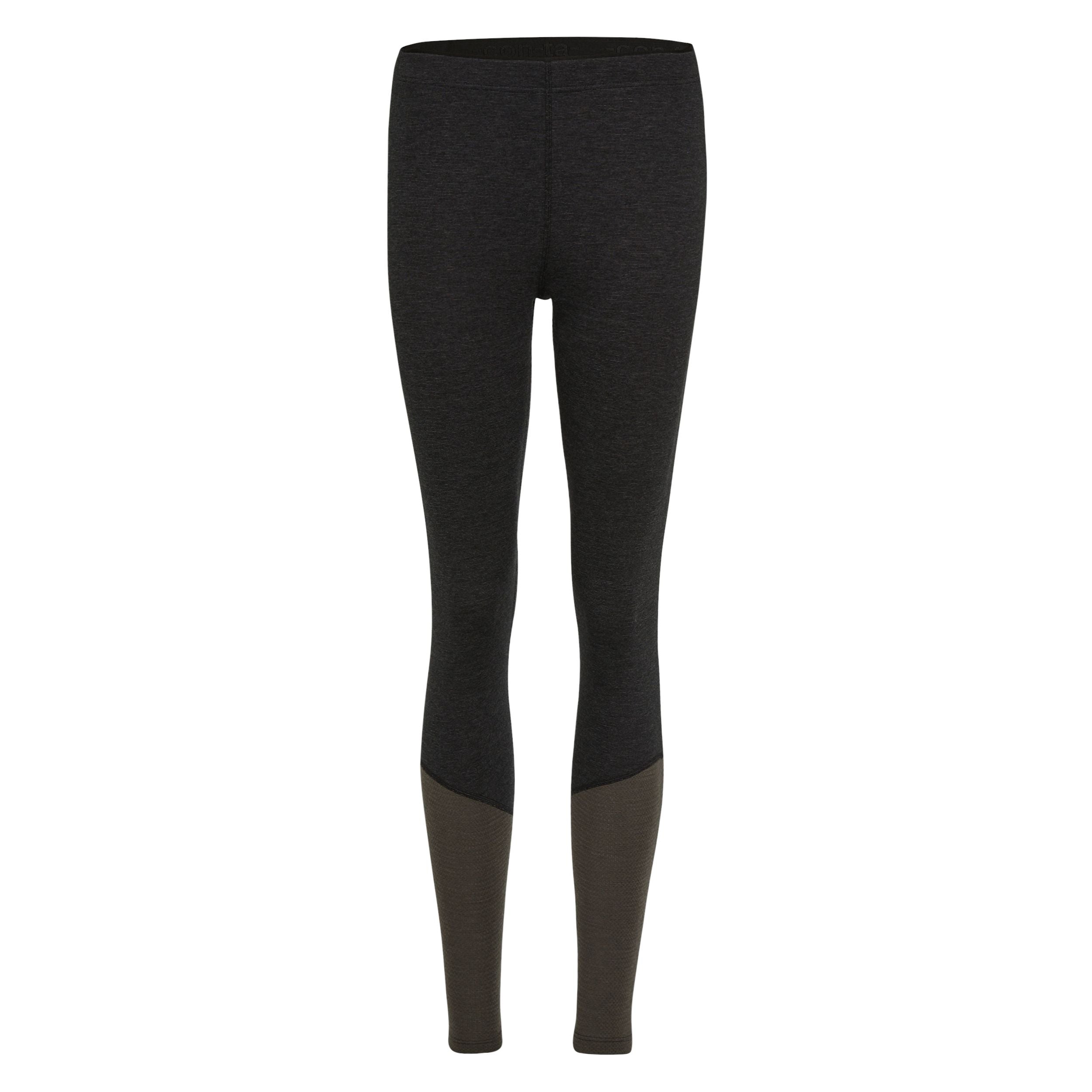 Schwarze Leggings in taillierter Form mit dunkelgrauen Einsätzen an den Unterschenkeln auf weißem Hintergrund.