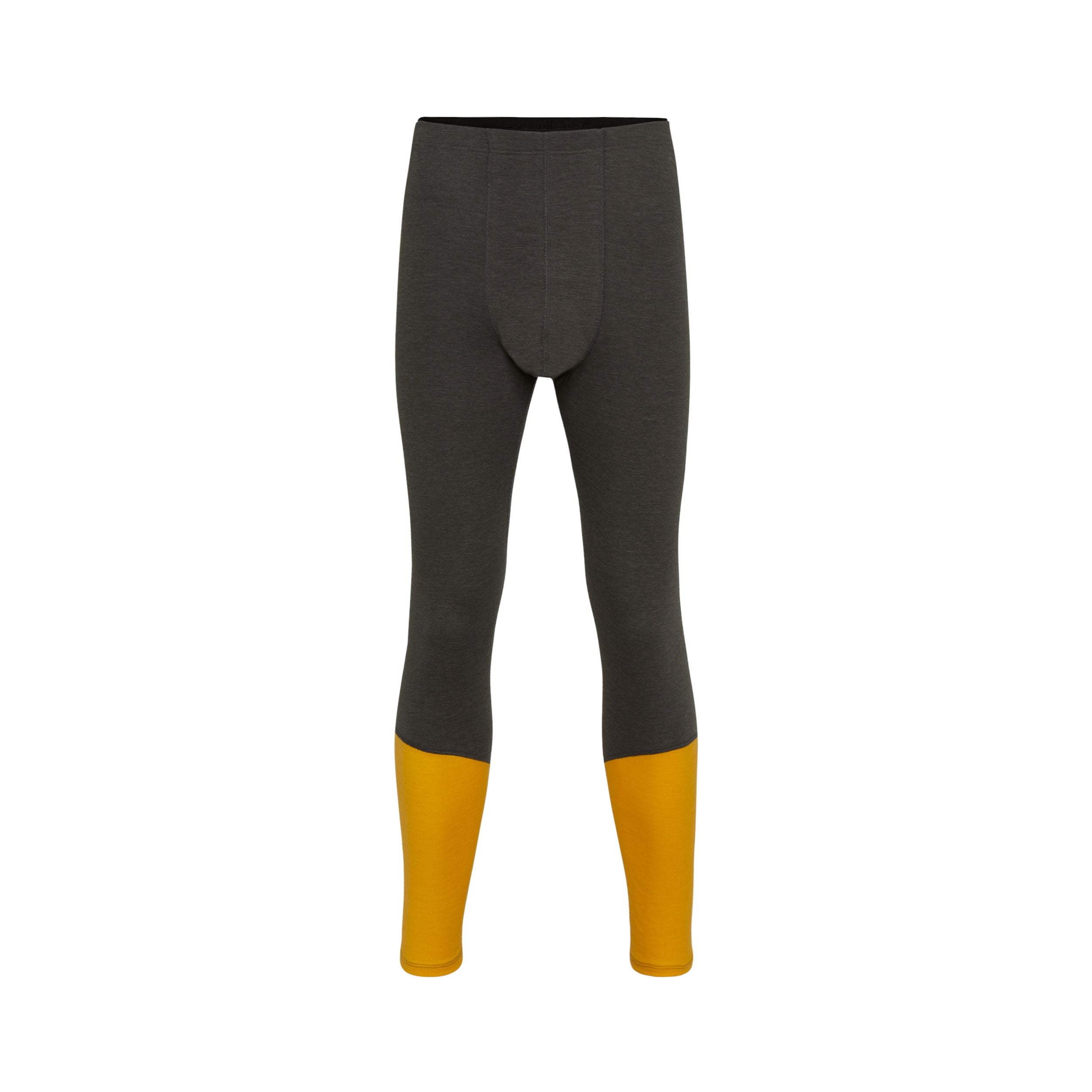 Graue lange Thermo-Leggings mit leuchtend gelben Farbblöcken an den Unterschenkeln, die vor einem weißen Hintergrund abgebildet sind.