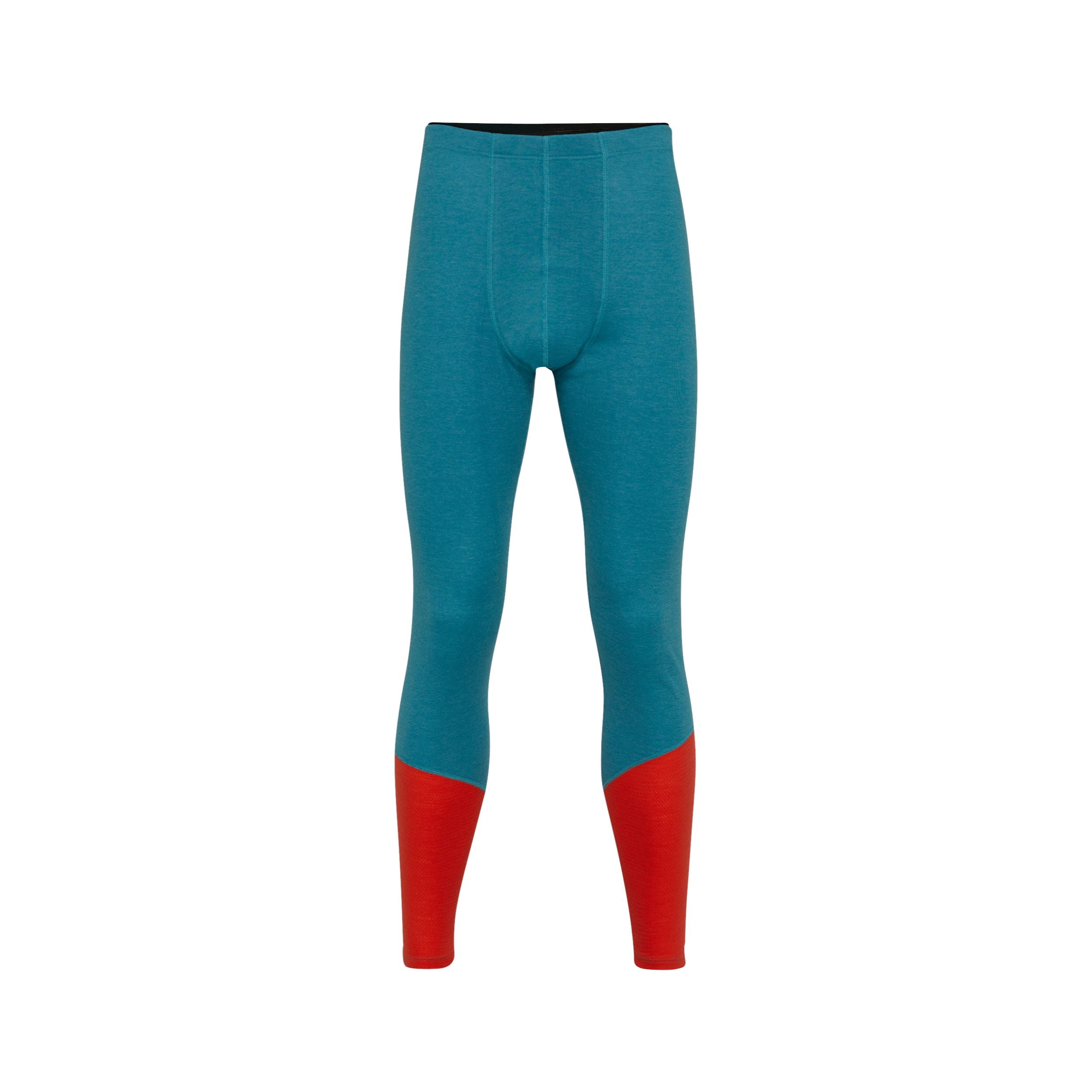 Ein Paar blaue Thermoleggings mit roten Akzenten an den Unterschenkeln auf weißem Hintergrund.