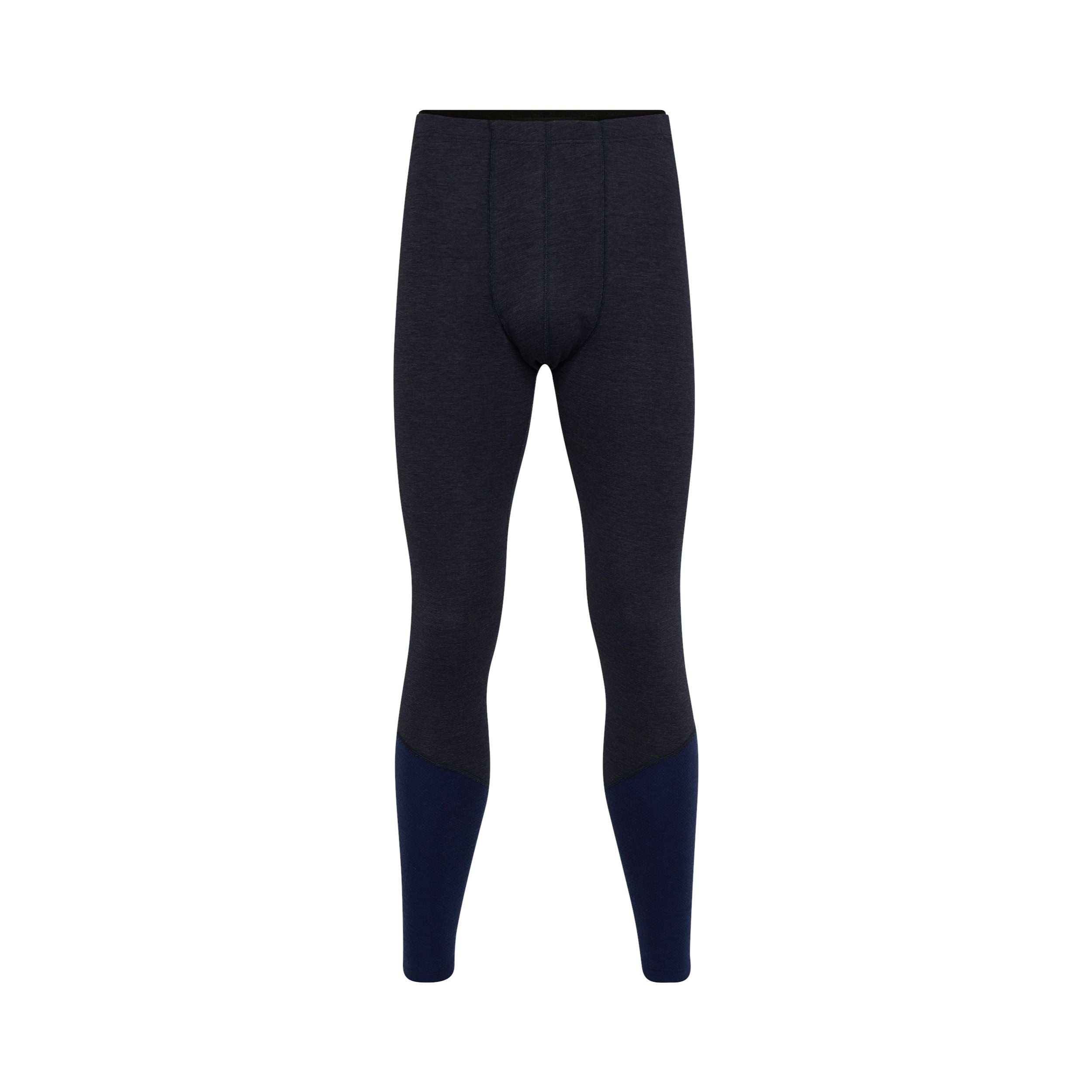 Ein Paar dunkelblaue, bodenlange Herren-Thermo-Leggings mit schwarzem Bund und marineblauen Aufnähern an den Unterschenkeln auf weißem Hintergrund.