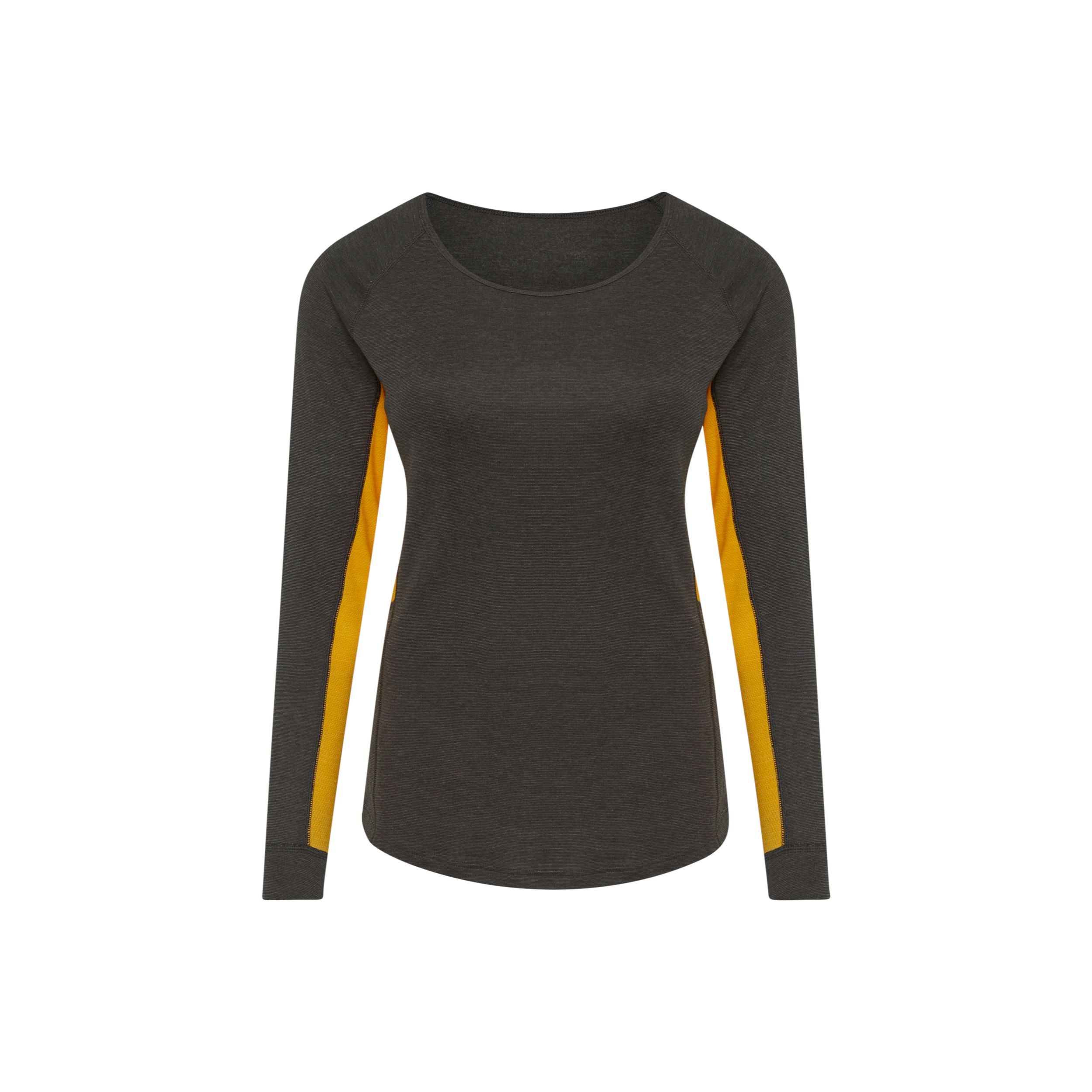 Ein dunkelgraues, langärmeliges Damenshirt mit gelben Seiteneinsätzen auf weißem Hintergrund. Das Shirt hat einen Rundhalsausschnitt und eine taillierte Silhouette.