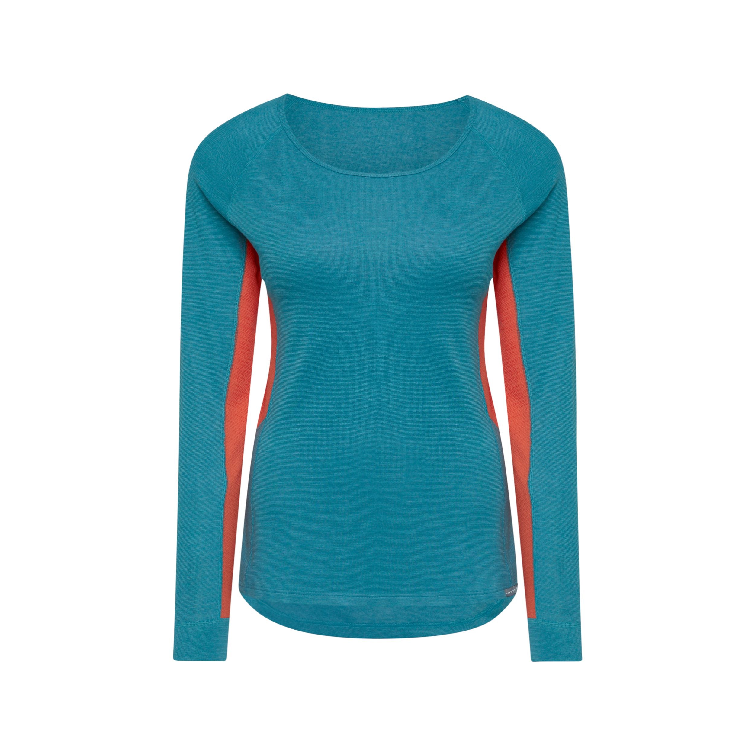 Ein langärmeliges, tailliertes Sporthemd in Teal mit korallenfarbenen Seiteneinsätzen auf weißem Hintergrund.
