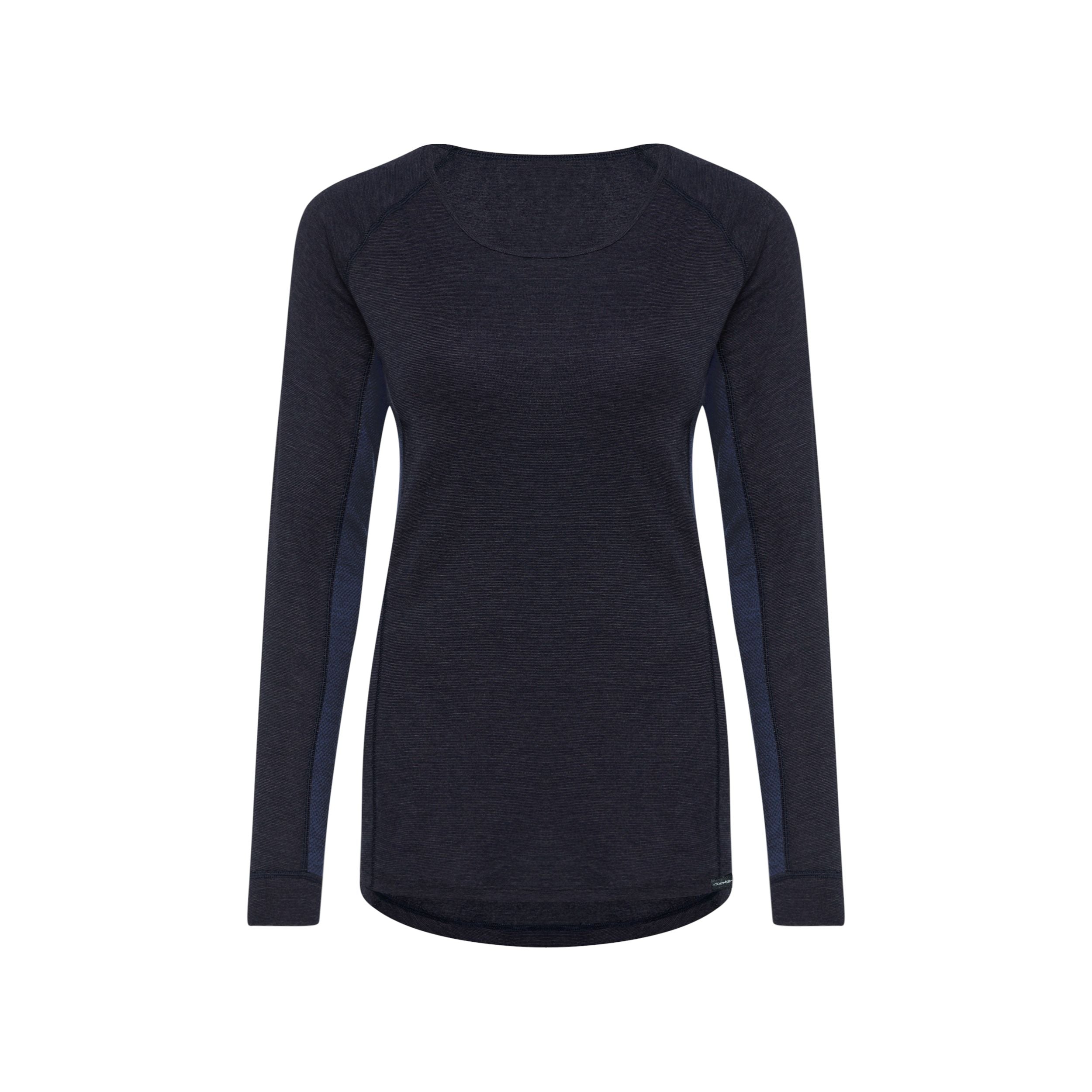 Ein langärmeliges, dunkles, marineblaues Sportshirt für Damen mit rundem Halsausschnitt, abgebildet auf einem schlichten weißen Hintergrund. Das Shirt hat ein tailliertes Design mit dezenten helleren Seiteneinsätzen.