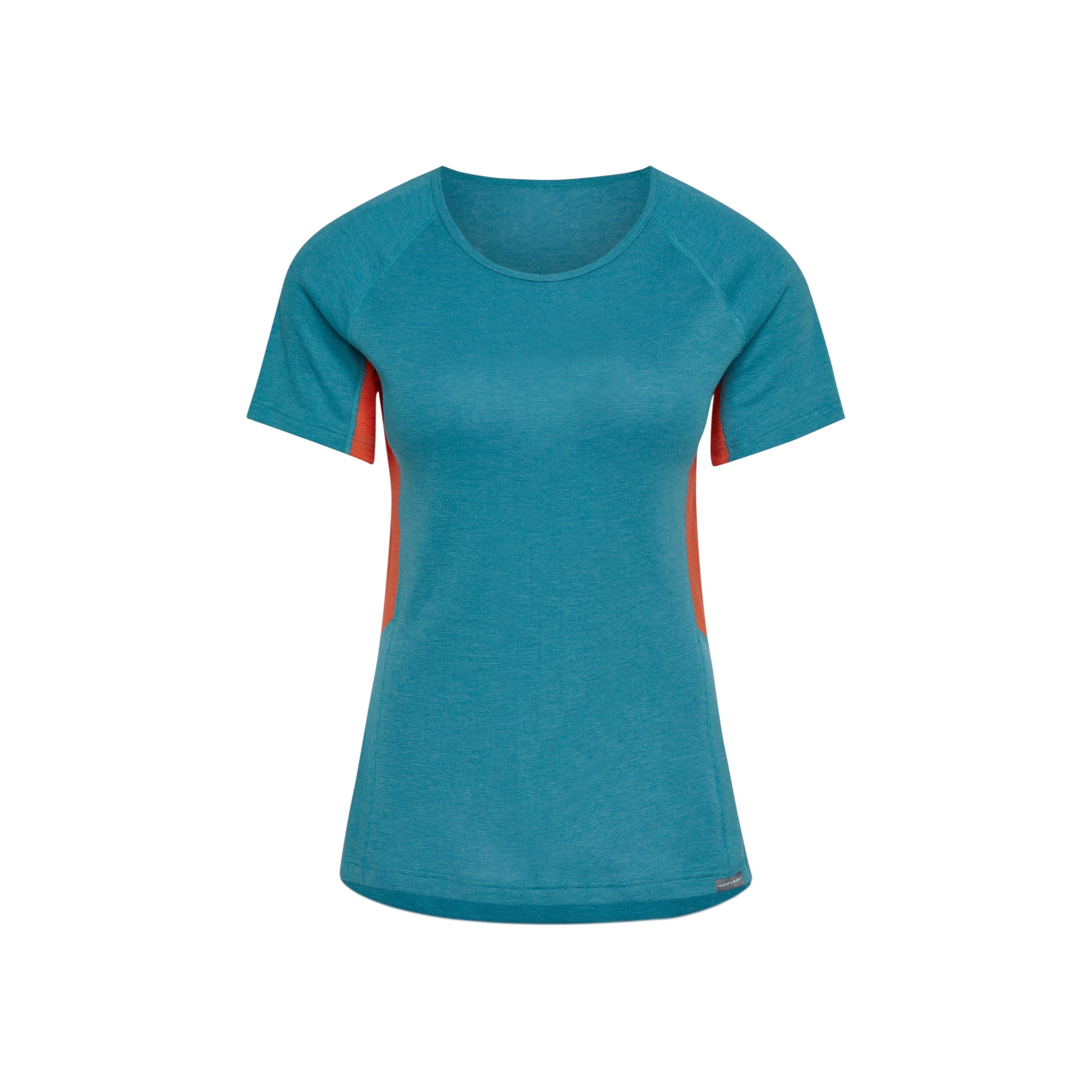 Ein kurzärmeliges Sport-T-Shirt für Frauen in Petrol mit orangefarbenen Seitenstreifen auf weißem Hintergrund.