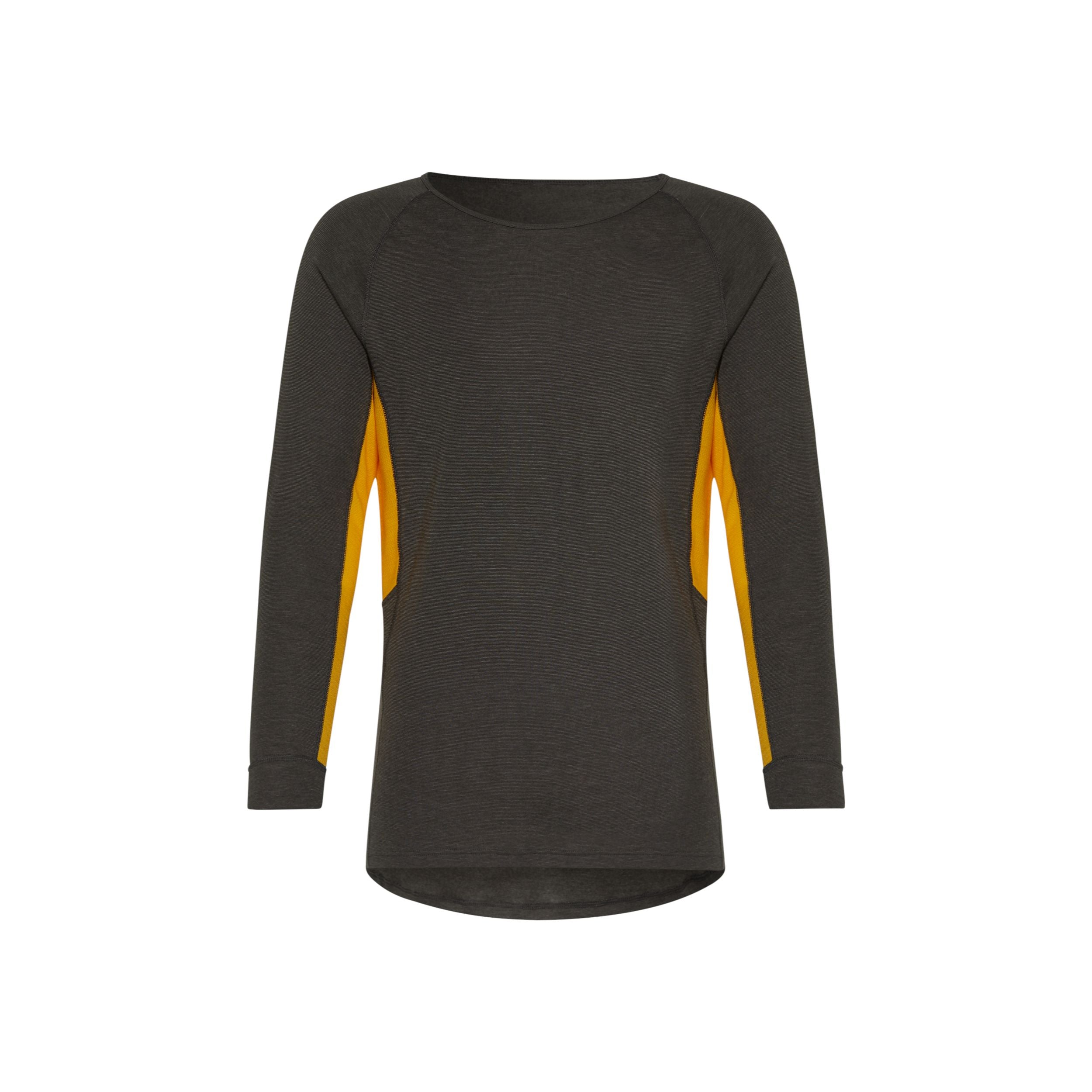 Ein langärmeliges, dunkelgraues Sporthemd mit gelben Seiteneinsätzen auf weißem Hintergrund. Das Shirt hat einen Rundhalsausschnitt und einen etwas längeren geschwungenen Saum auf der Rückseite.