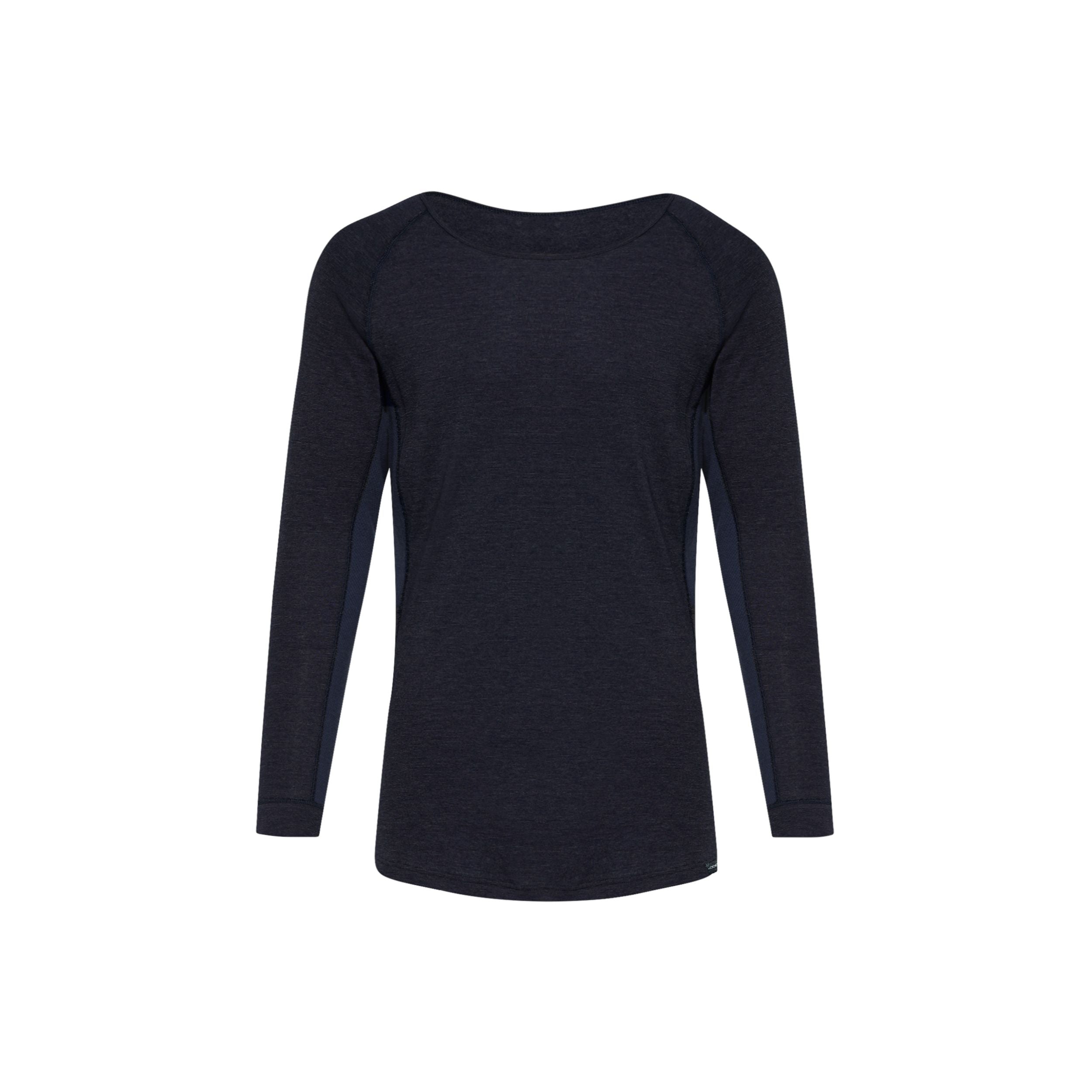 Ein schlichtes, langärmeliges, dunkelmarineblaues Damenshirt mit Rundhalsausschnitt, abgebildet auf weißem Hintergrund. Das Hemd hat ein einfaches, tailliertes Design ohne sichtbare Muster oder Logos.