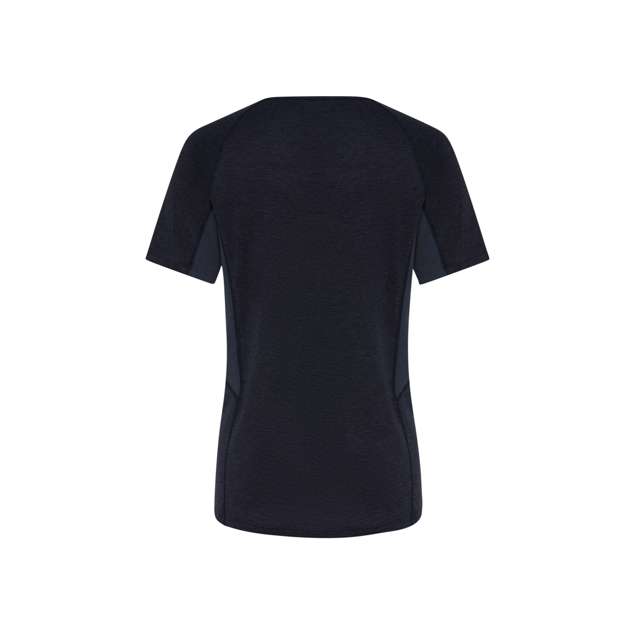 Ein schlichtes schwarzes kurzärmeliges Sport-T-Shirt ist von hinten auf weißem Hintergrund abgebildet.