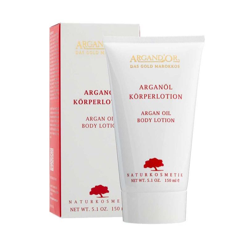 Eine weiße Tube ArgandOr Argan Oil Body Lotion (150 ml) ist vor ihrer rot-weißen Verpackung abgebildet. Das Produkt ist als Naturkosmetik gekennzeichnet und trägt einen Text in deutscher und englischer Sprache.